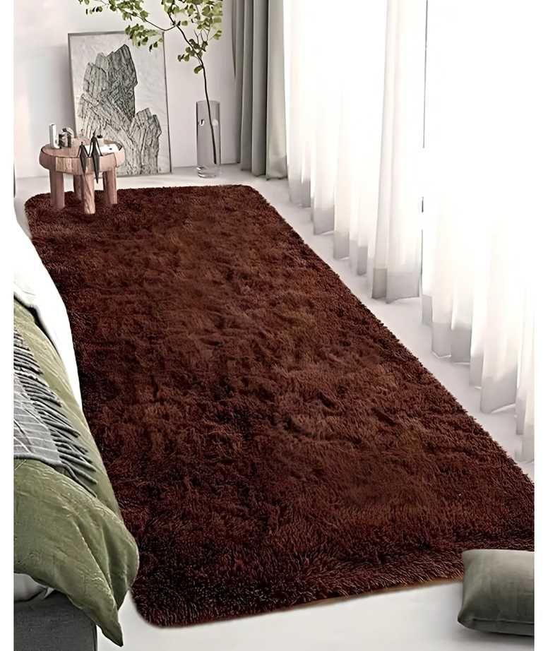 Juego por 2 Alfombra peluda pasillera liviana 70x150 ultra suave CAFÉ-4