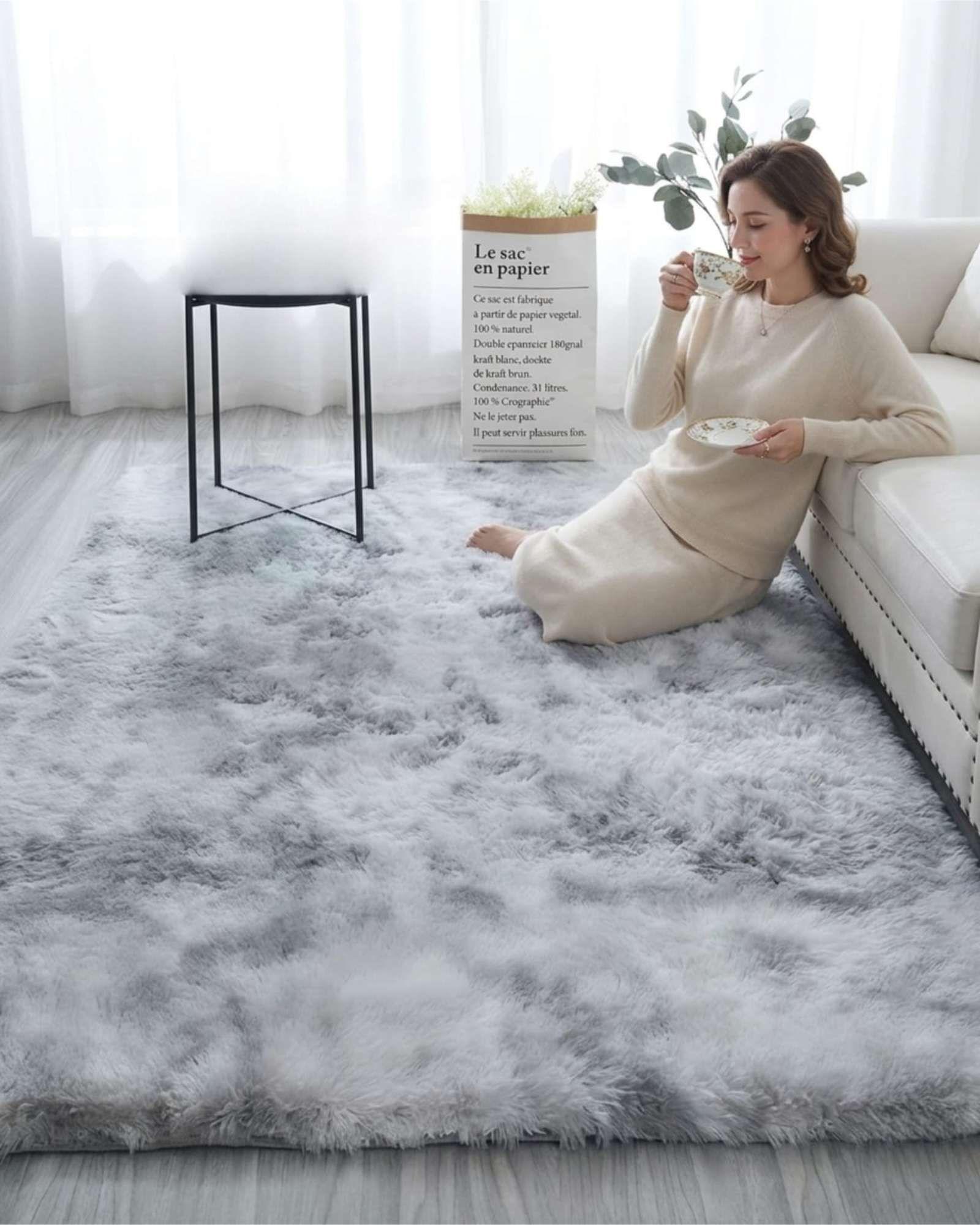 Alfombra Shaggy Peluda Extra Suave VERANO / INVIERNO 240 x 200 cm Blanco y Gris-2