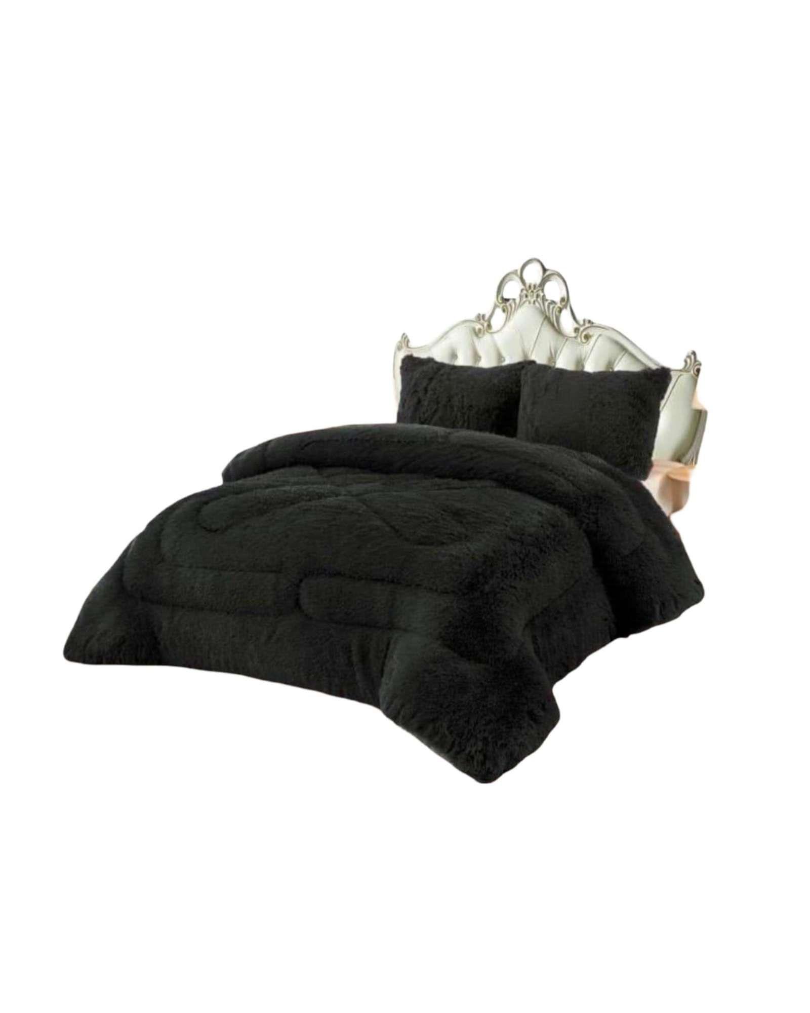 Plumón Pelo Largo 2 Plazas Acolchado Invierno + Fundas negro-2