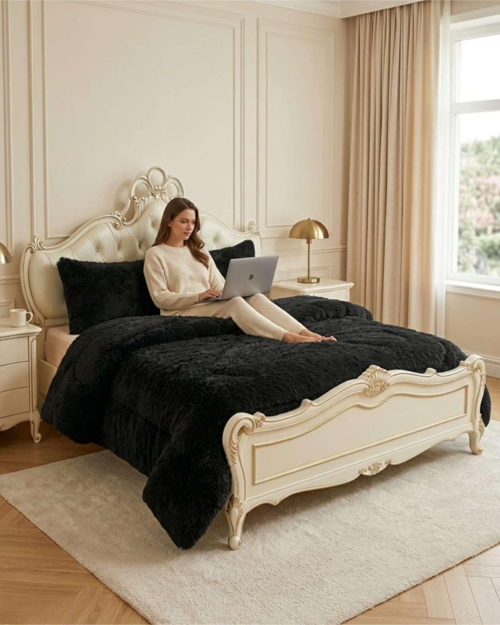 Plumón Pelo Largo 2 Plazas Acolchado Invierno + Fundas negro-4