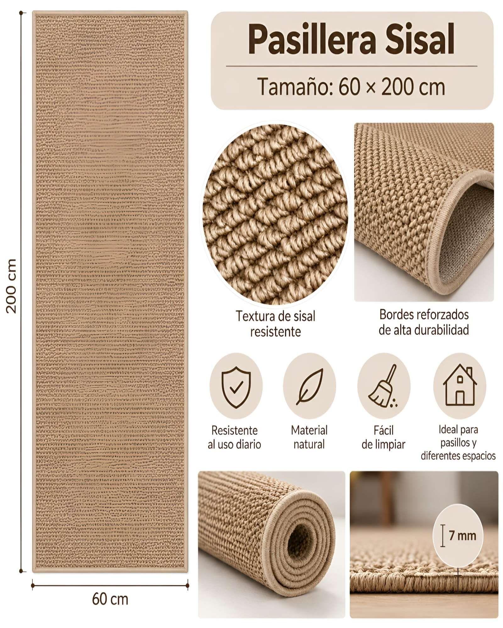 Alfombra Pasillera de Sisal Natural 60 x 200 cm | Antideslizante y Resistente 07-4