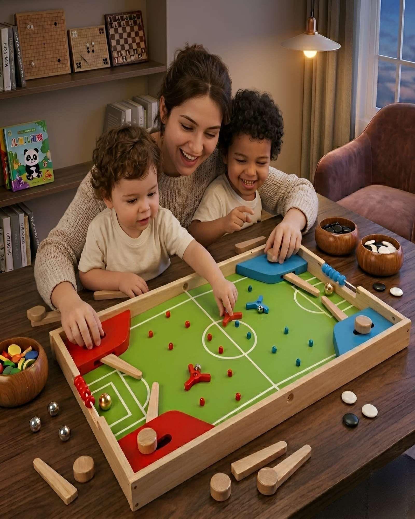 Centro de Juegos de Madera 4 en 1 - Fútbol Pinball, Ludo y Juegos de Estrategia-0