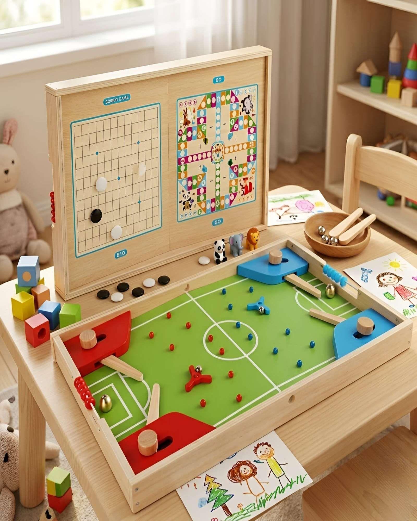 Centro de Juegos de Madera 4 en 1 - Fútbol Pinball, Ludo y Juegos de Estrategia-4