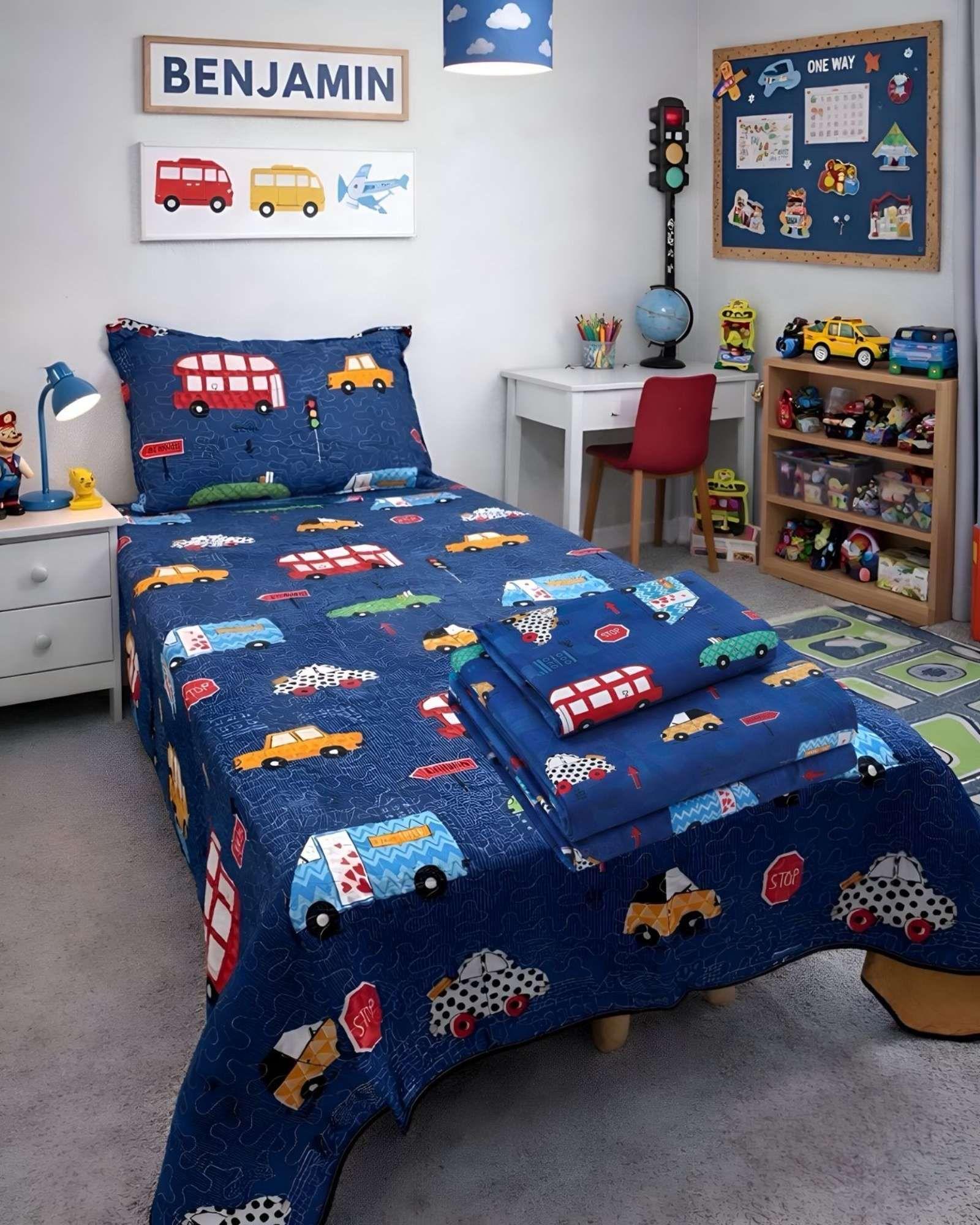 SET  DE CUBRECAMA MAS SABANA INFANTIL PLAZA Y MEDIA AUTO-4