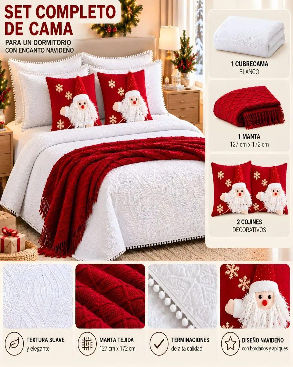 Cubrecamas Navideño Con Manta Y 2 Fundas De Cojin 1.5 Plaza m14-3