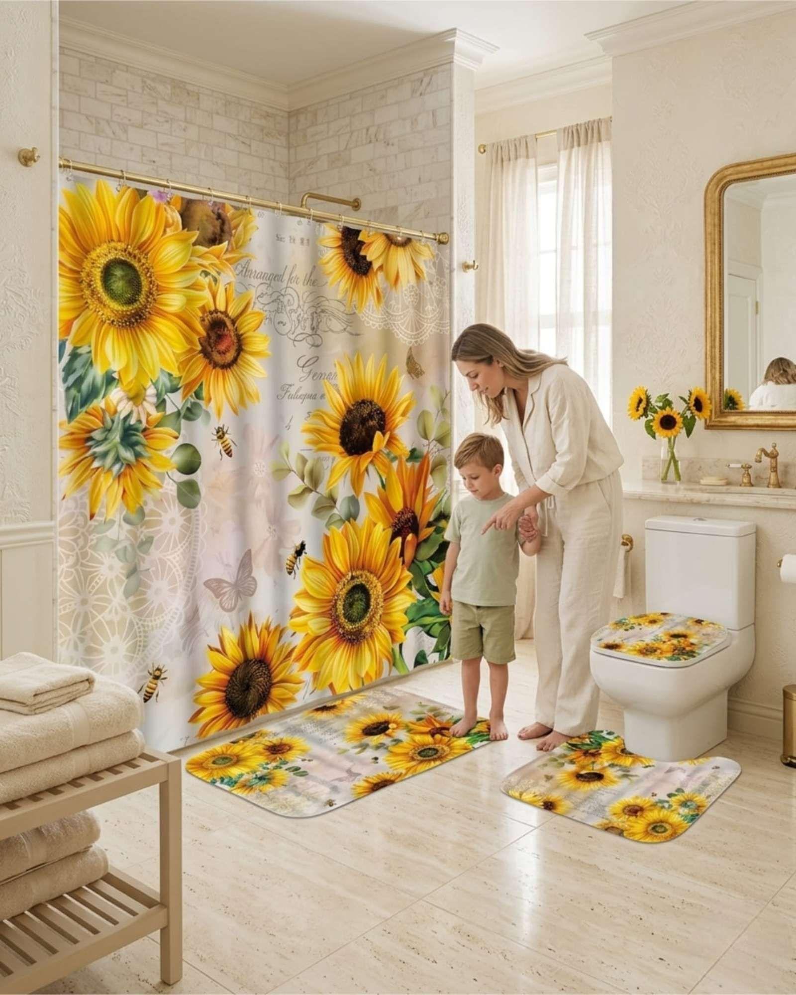 Juego De Baño 4 Piezas Cortina Mas alfombras Y Funda De Inodoro m4-1