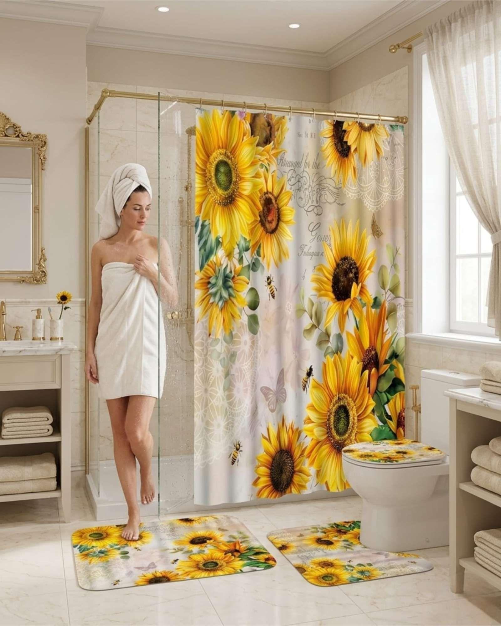 Juego De Baño 4 Piezas Cortina Mas alfombras Y Funda De Inodoro m4-4