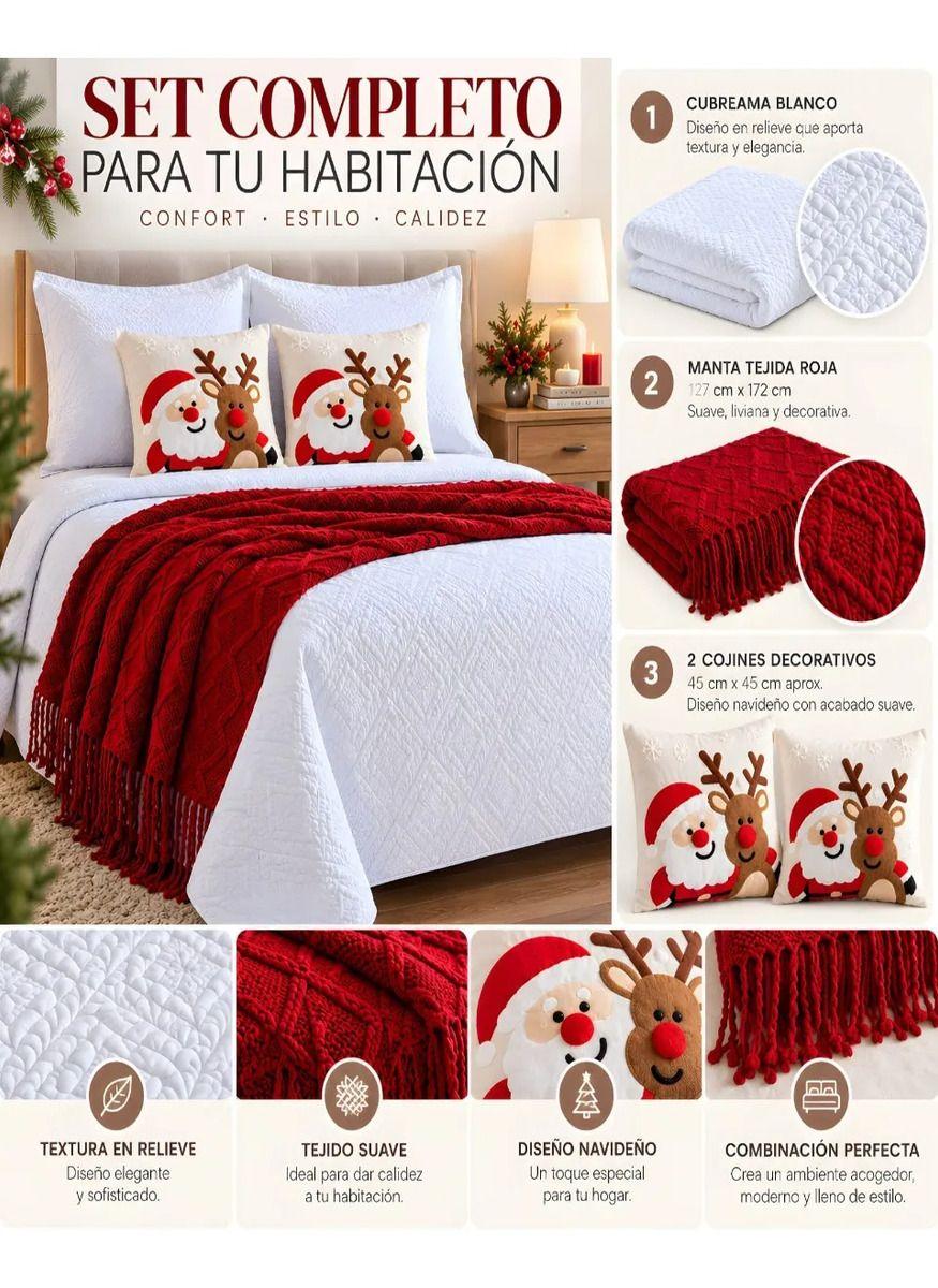 Cubrecamas Navideño Con Manta Y 2 Fundas De Cojin 1.5 Plaza m2-4