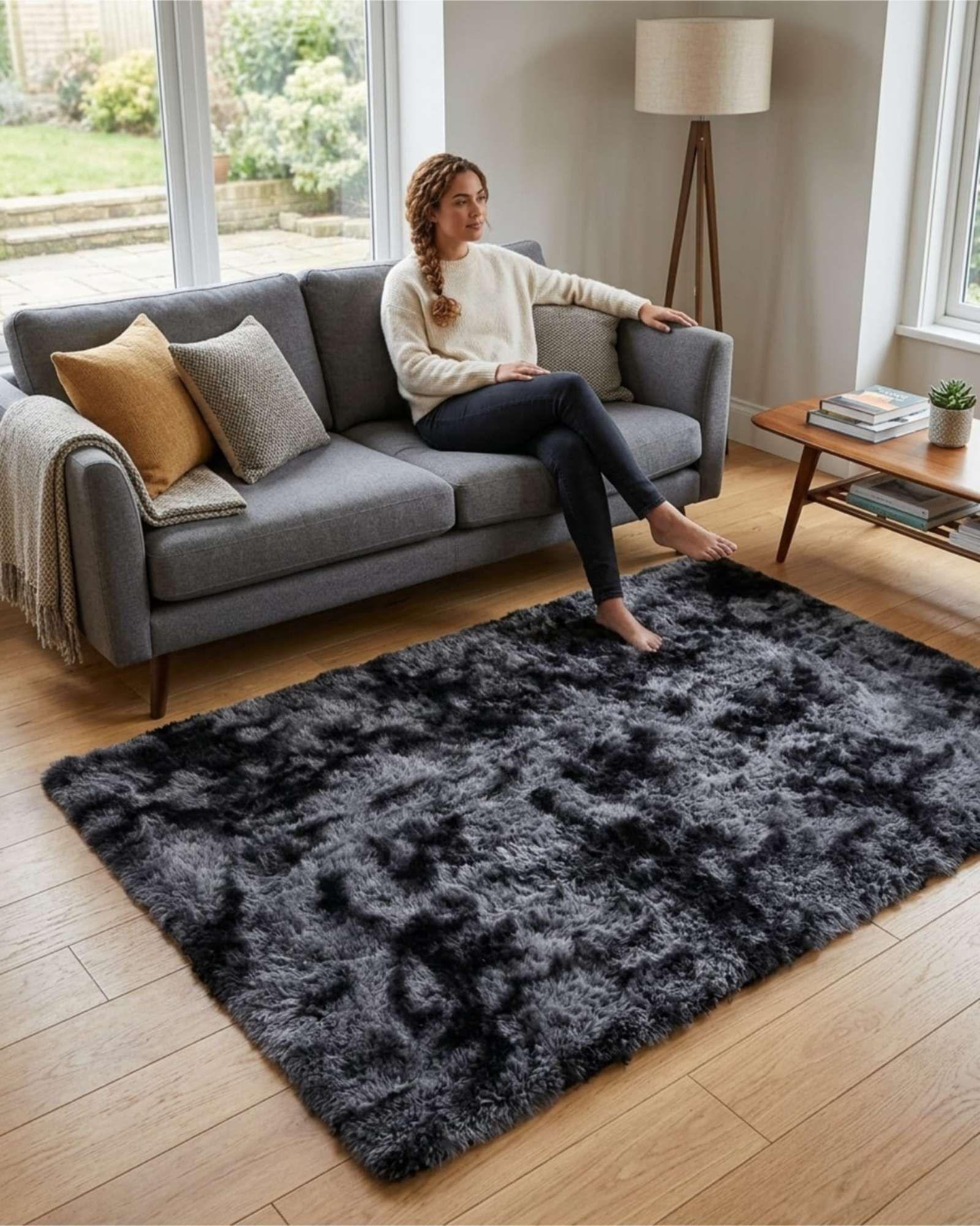 Alfombra Shaggy Peluda Extra Suave VERANO / INVIERNO 180 x 200 cm  Negro Jaspeado-2