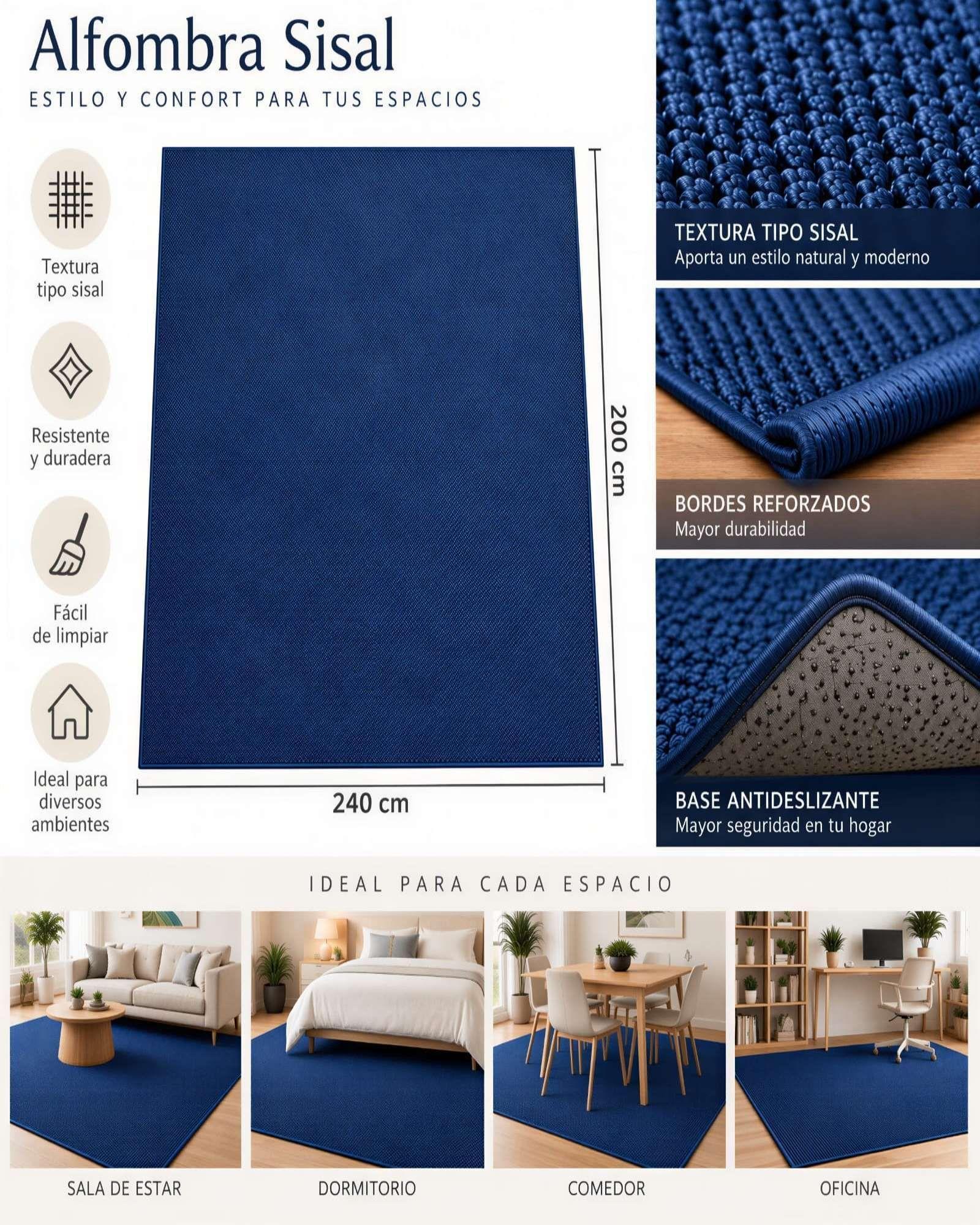 Alfombra Sisal 240x200 Azul Oscuro Diseño Con Relieve-4