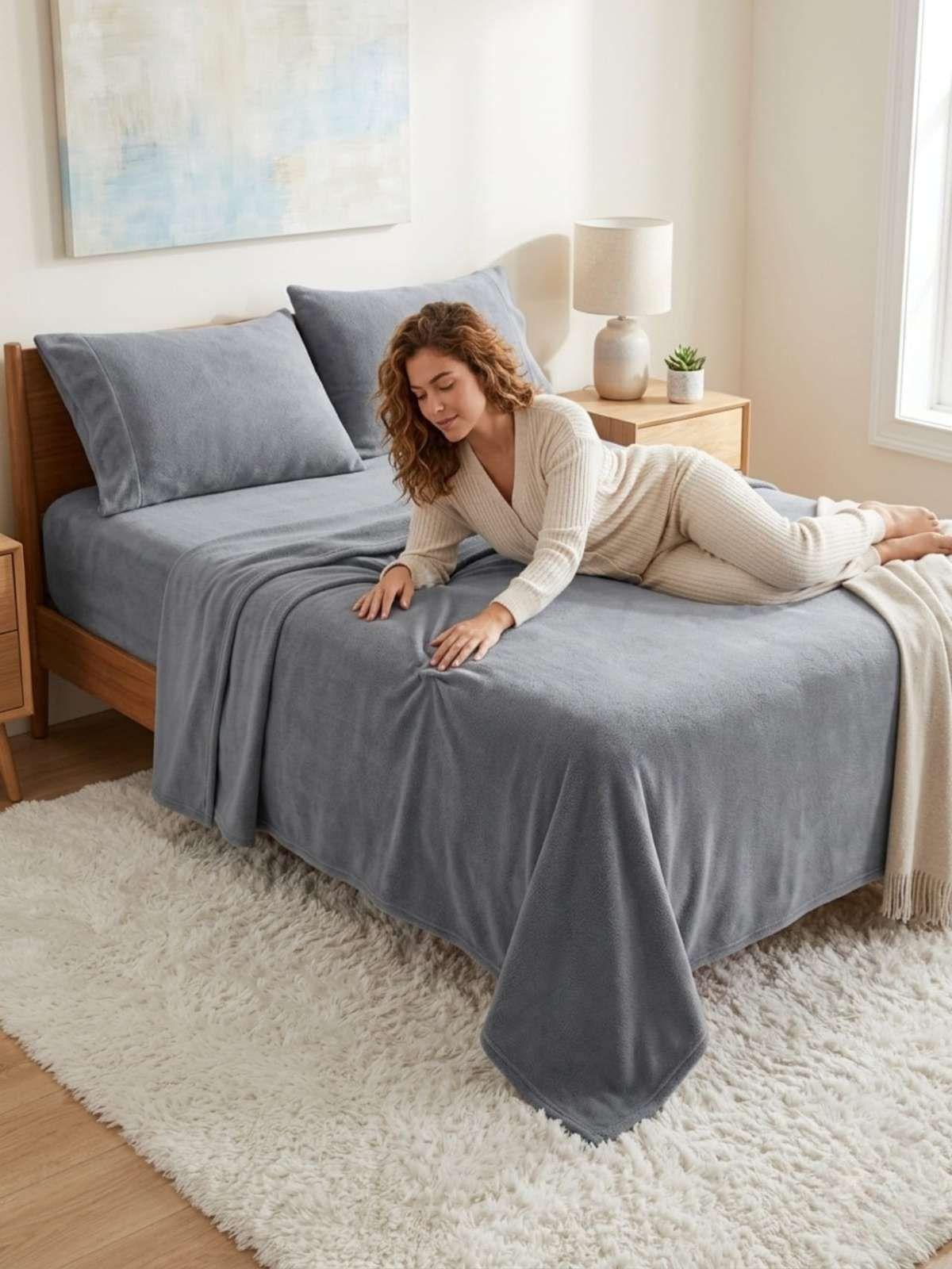Sábanas Térmicas de polar Esponjosa King Tacto Suave gris-1