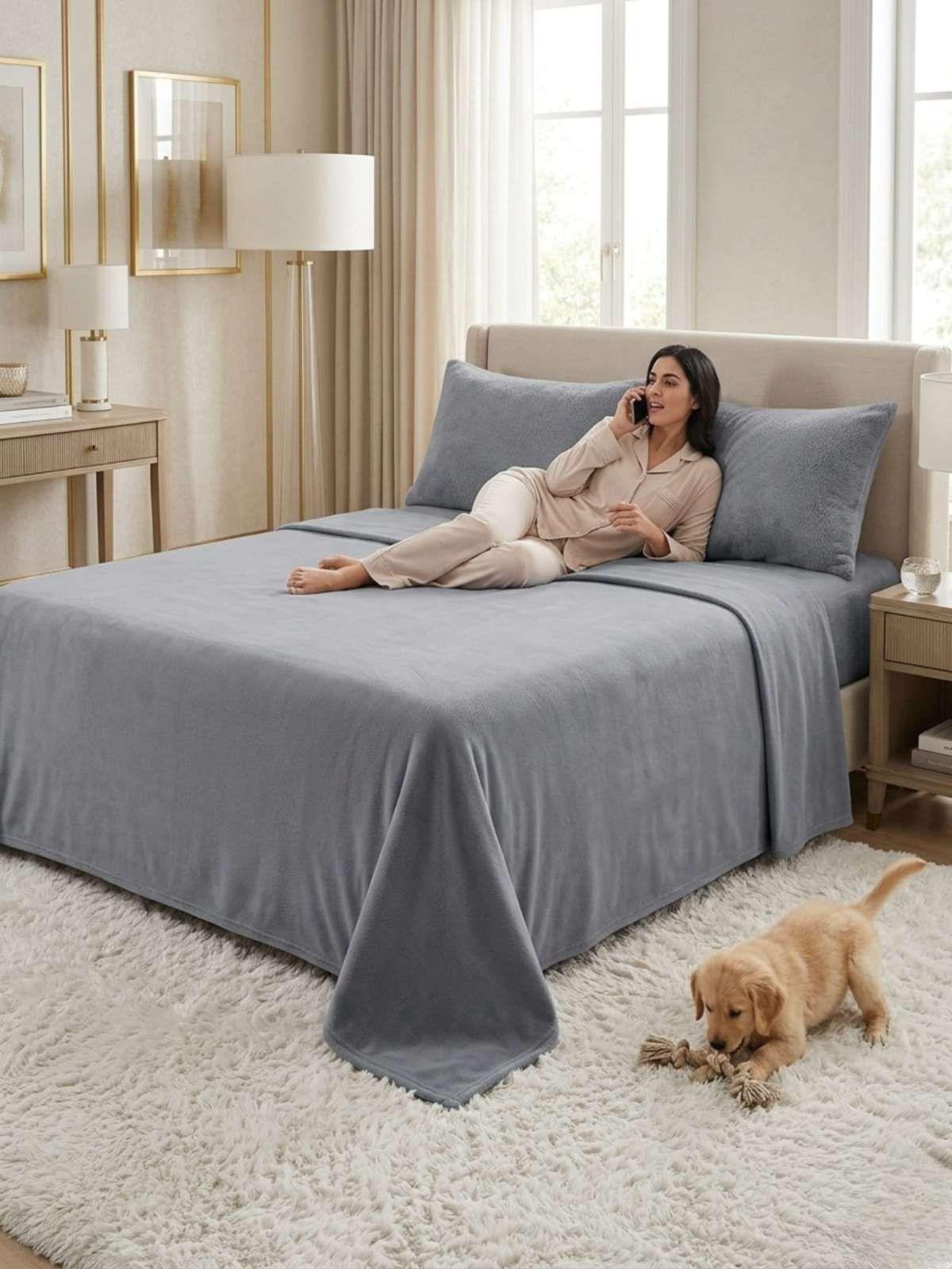 Sábanas Térmicas de polar Esponjosa King Tacto Suave gris-3