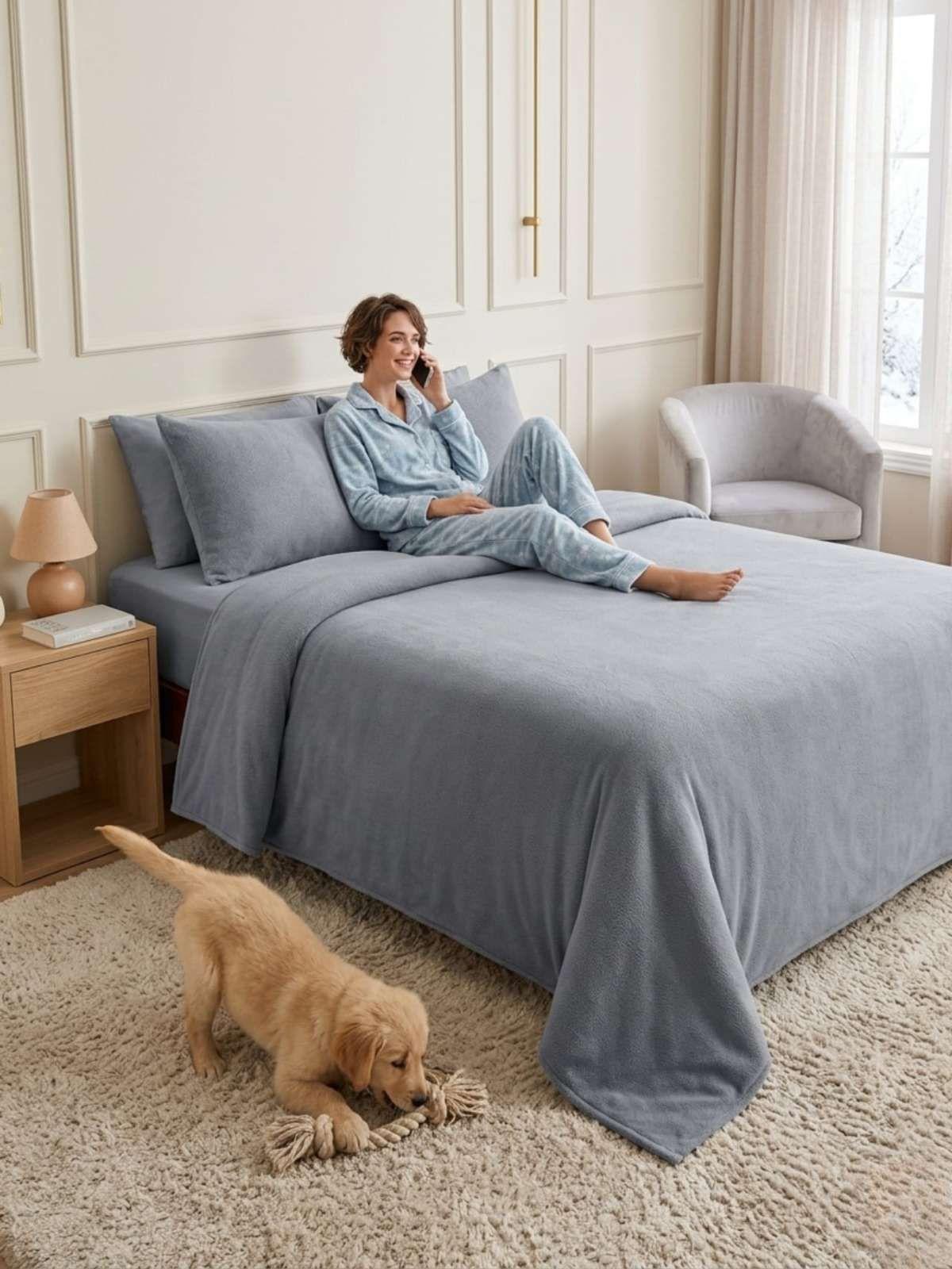 Sábanas Térmicas de polar Esponjosa King Tacto Suave gris-4
