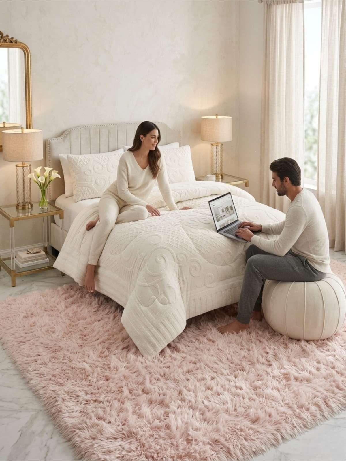 Cubrecama Plumón Jacquard Premium 2 Plazas Invierno Térmico blanco-3