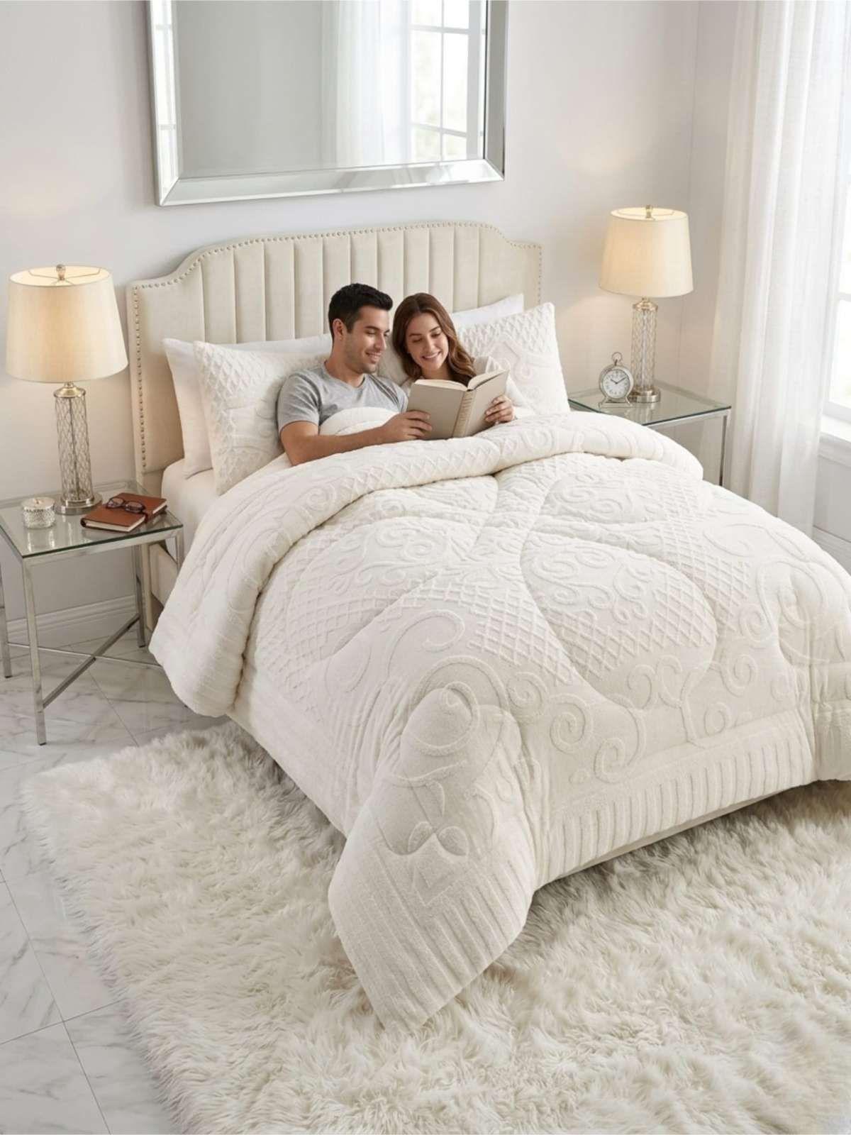 Cubrecama Plumón Jacquard Premium 2 Plazas Invierno Térmico blanco-4