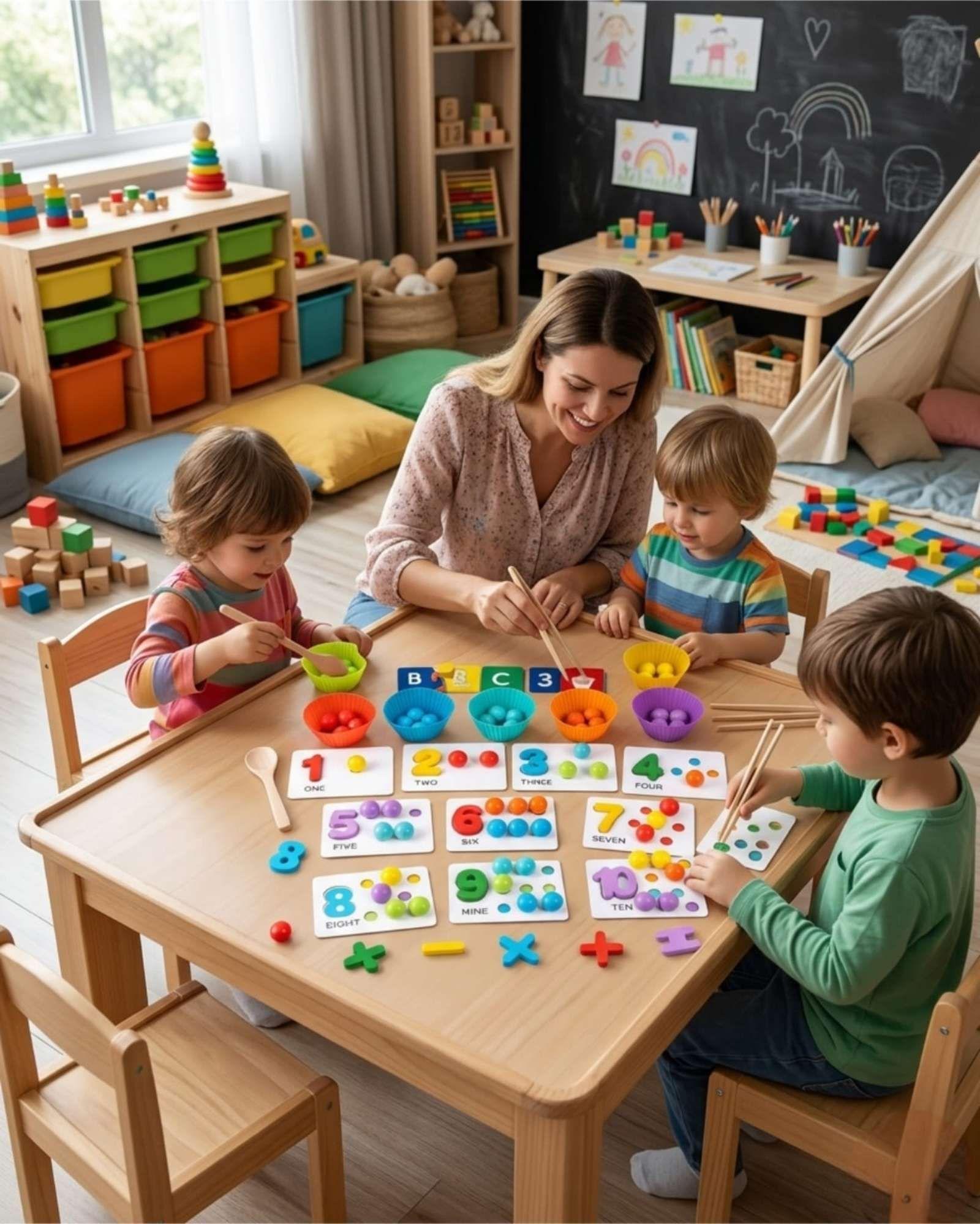 JUEGO DE APRENDIZAJE, CUENTAS MONTESSORI DE NUMEROS Y COLORES CON PINZAS  -0