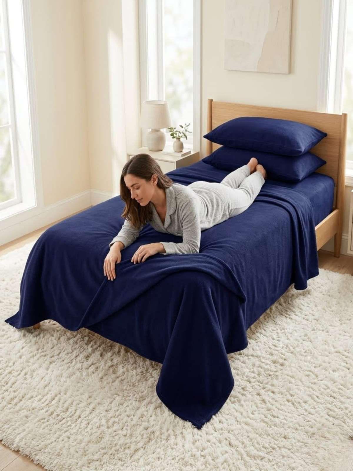 Sábanas Térmicas de polar Esponjosa King Tacto Suave azul-4