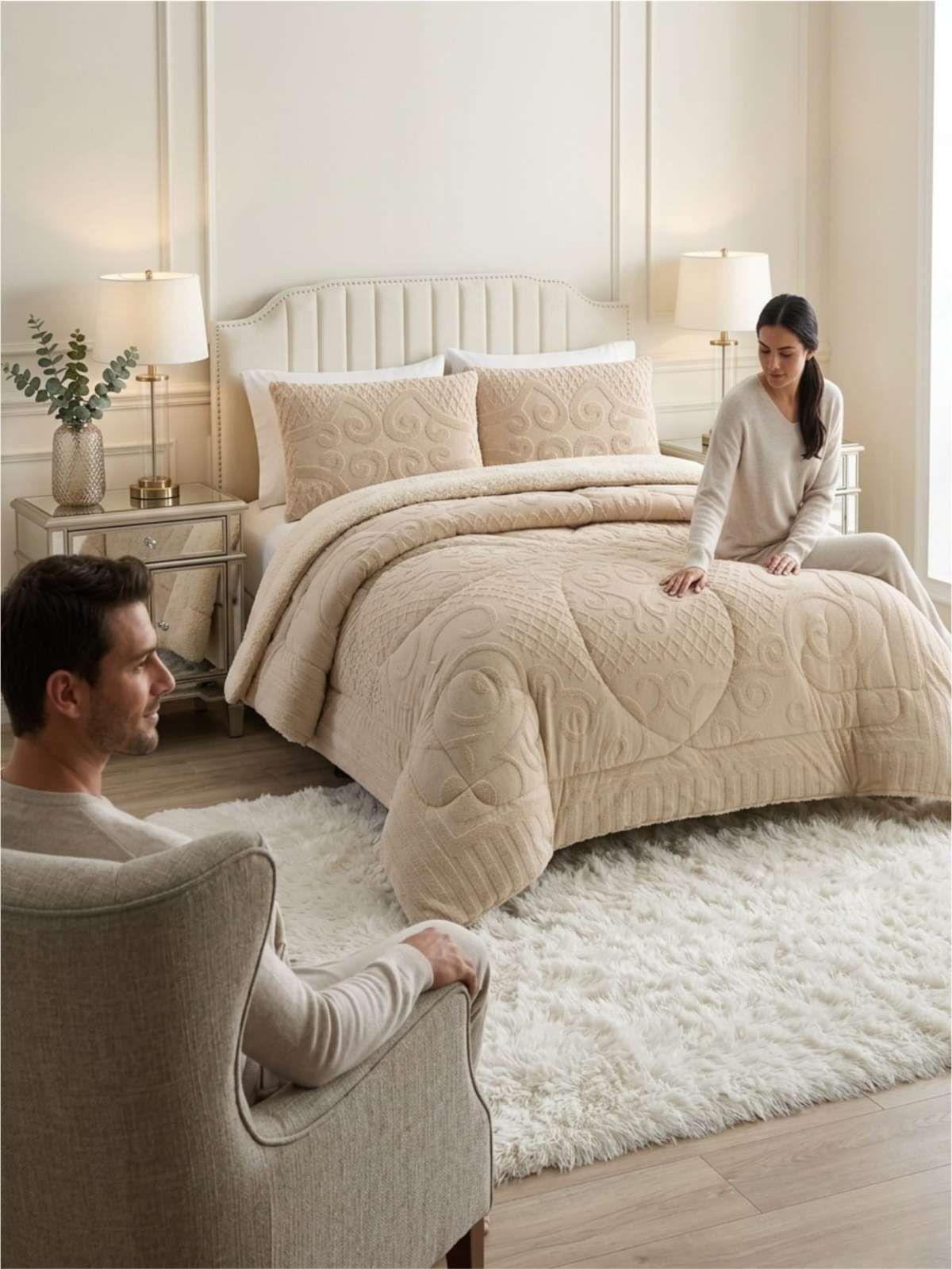 Cubrecama Plumón Jacquard Premium 2 Plazas Invierno Térmico beige-3