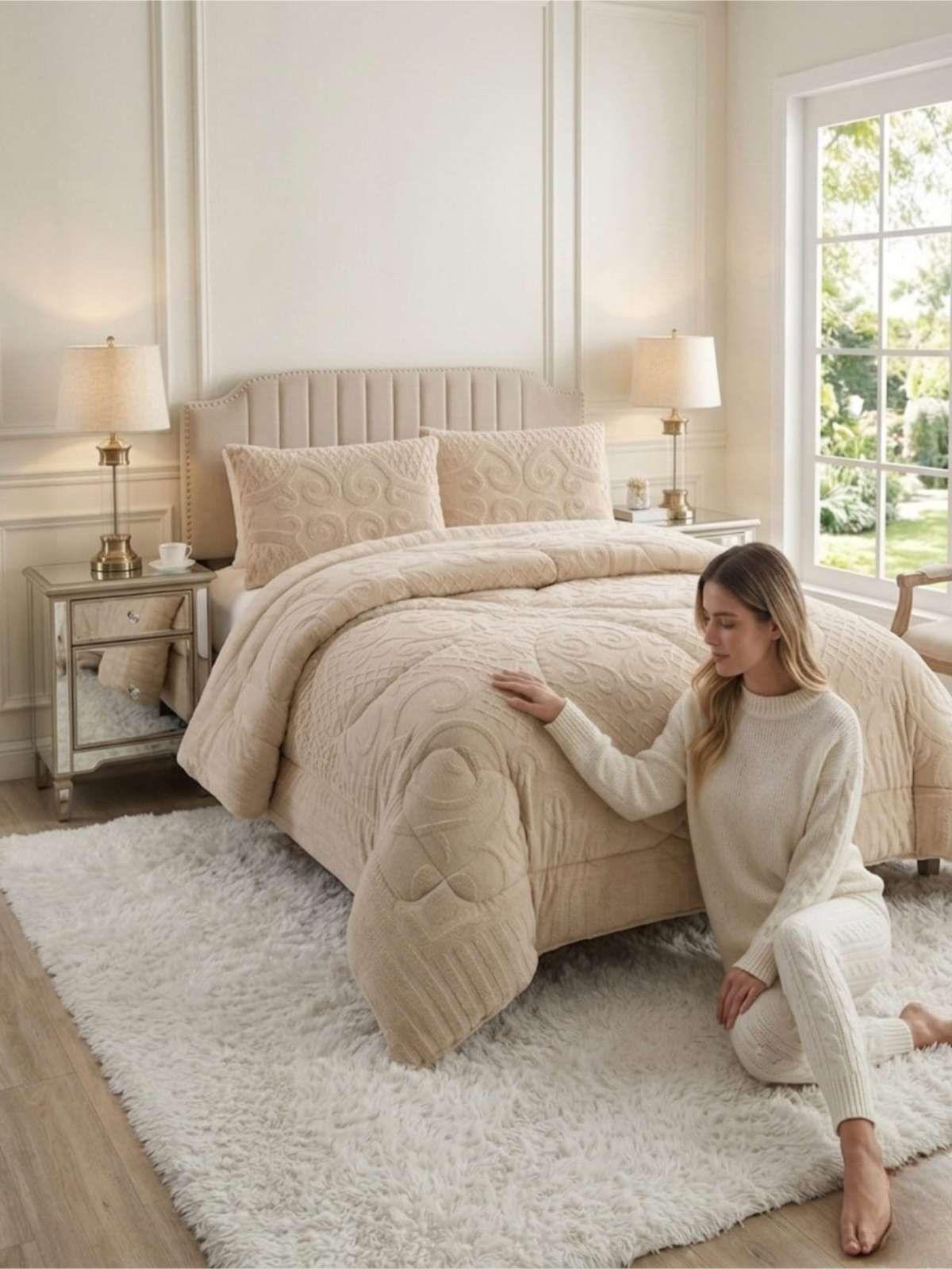 Cubrecama Plumón Jacquard Premium 2 Plazas Invierno Térmico beige-4
