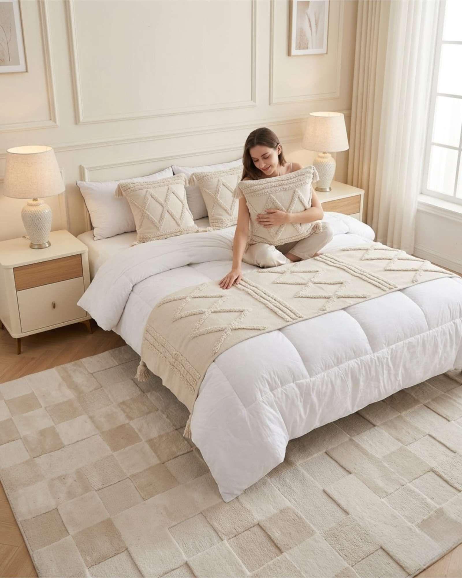 Set Piecera De Cama Boho Con Dos Fundas Cojin Bordado S6-4
