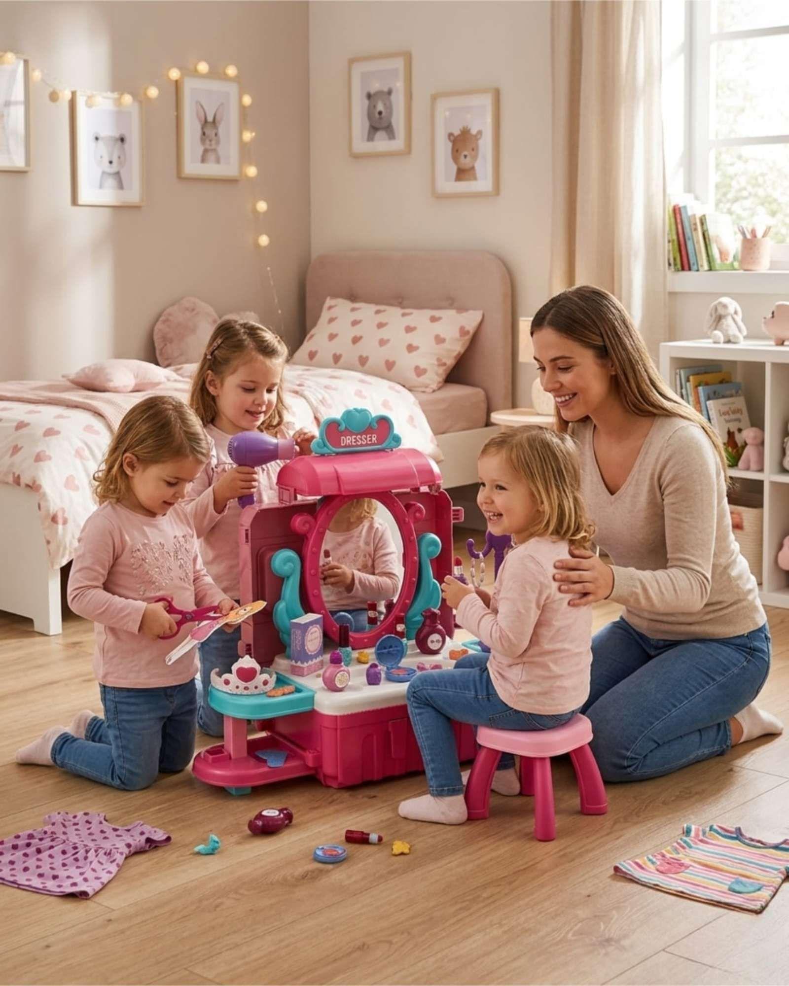 Tocador Infantil con Espejo y Accesorios 3 en 1 Maleta de Belleza-3