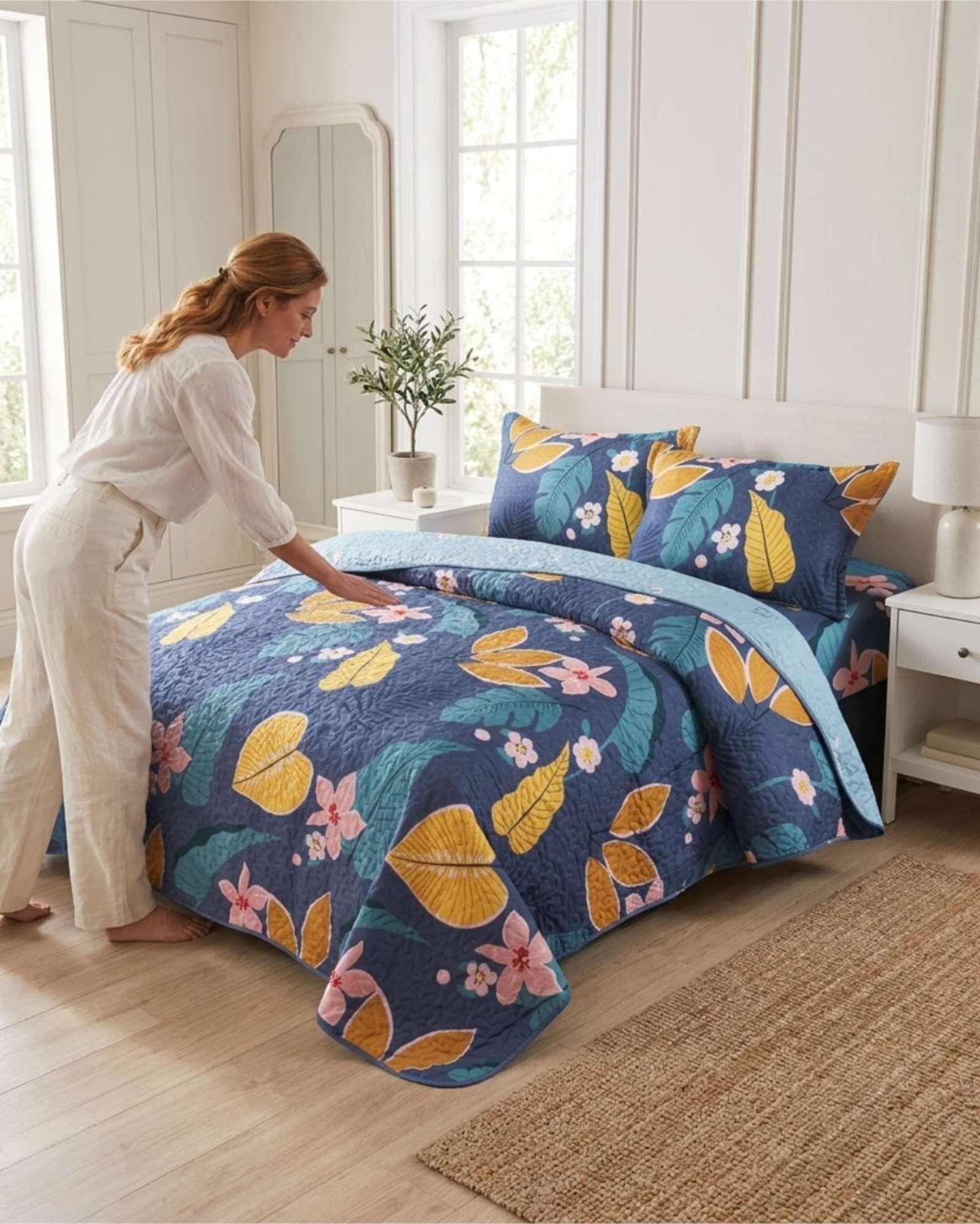 Juego De Cubrecama Quilt 2 Plazas Con Sábanas De Verano 5 Pzs m3-1