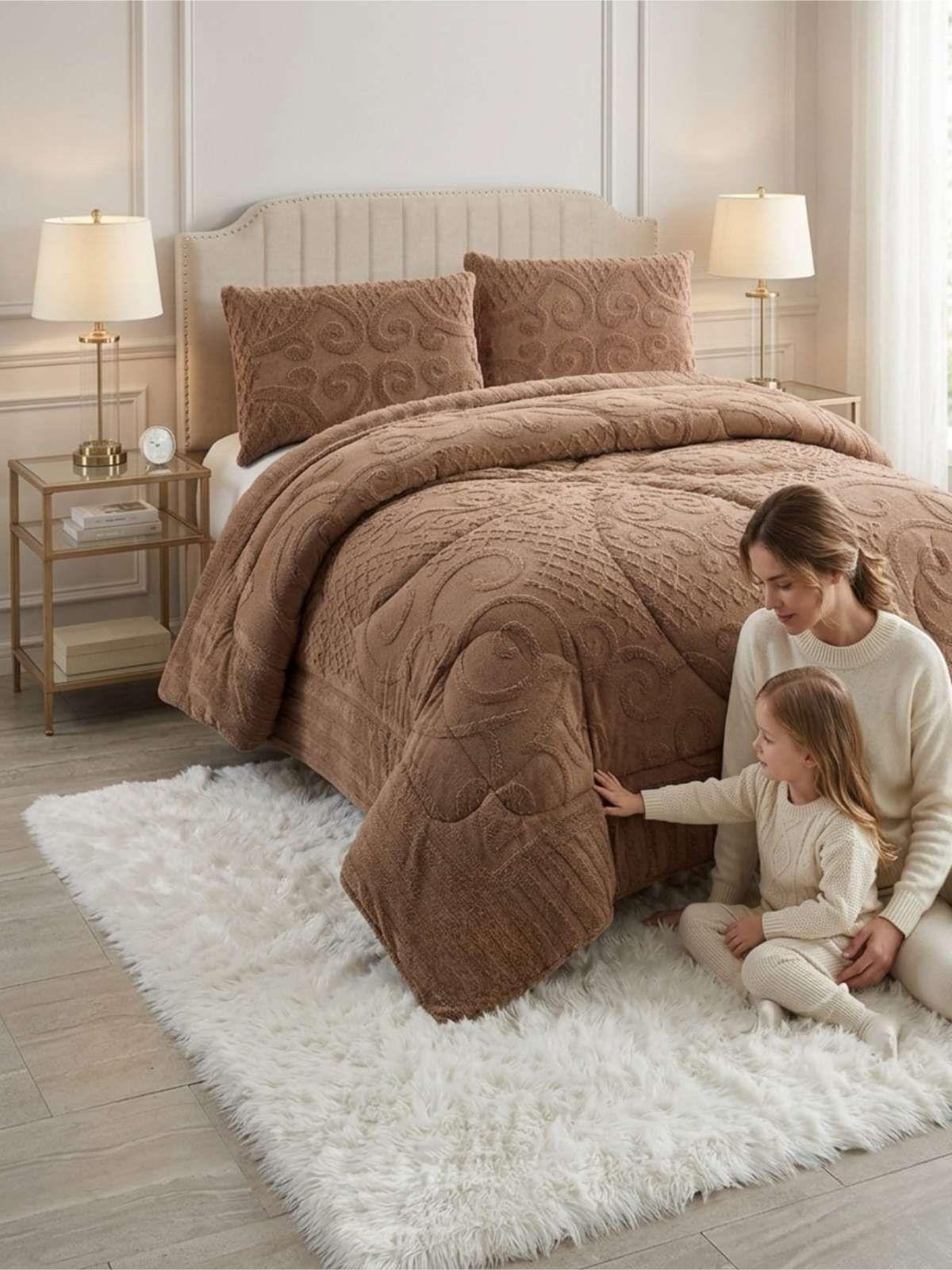 Cubrecama Plumón Jacquard Premium 2 Plazas Invierno Térmico café-3