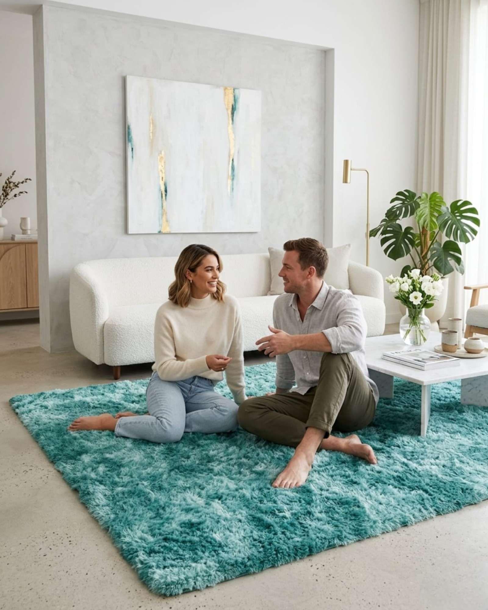 Alfombra Shaggy Peluda Extra Suave VERANO / INVIERNO 180 x 200 cm  Turquesa Jaspeado-3