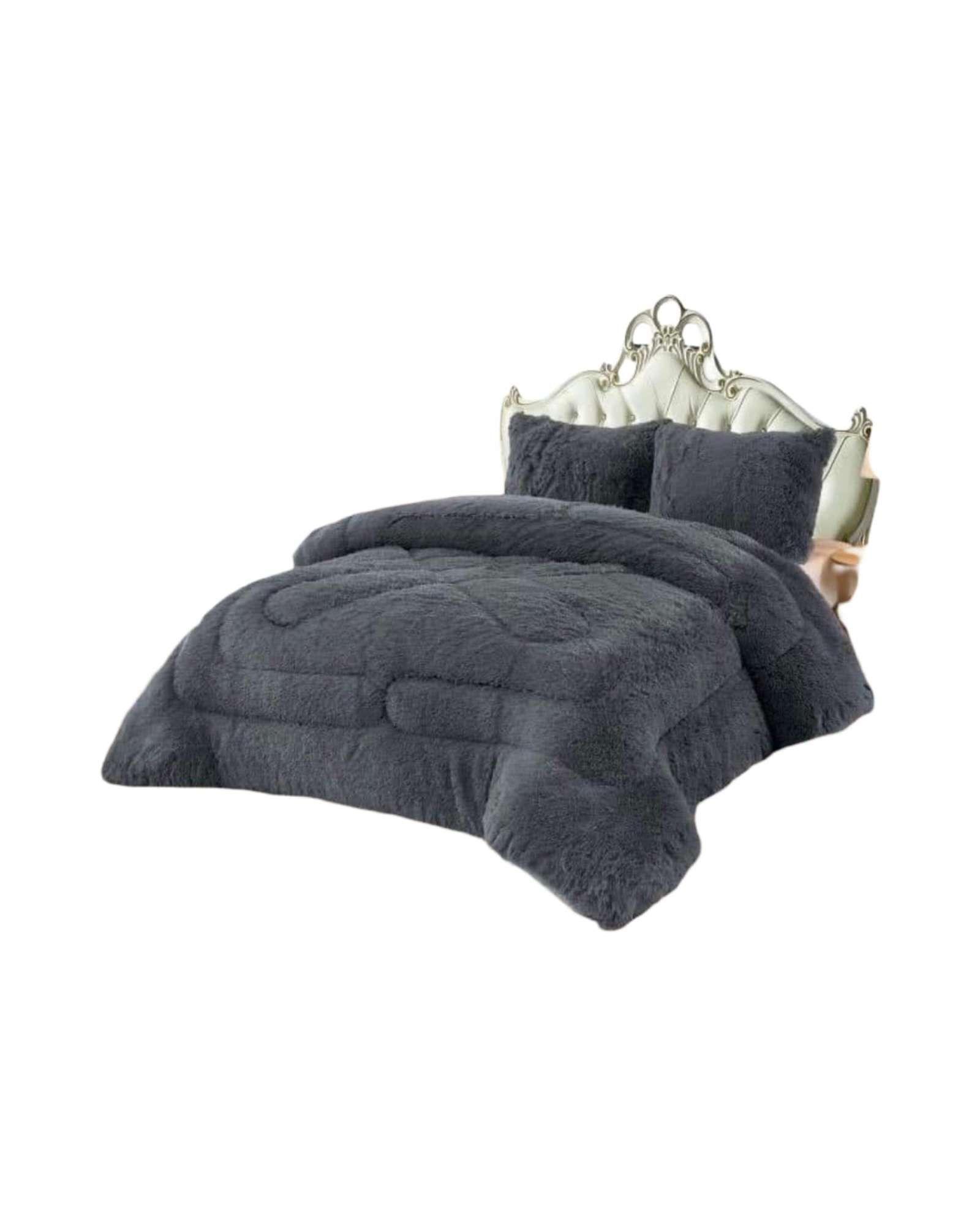 Plumón Pelo Largo 1,5 Plazas Acolchado Invierno + Fundas gris-2