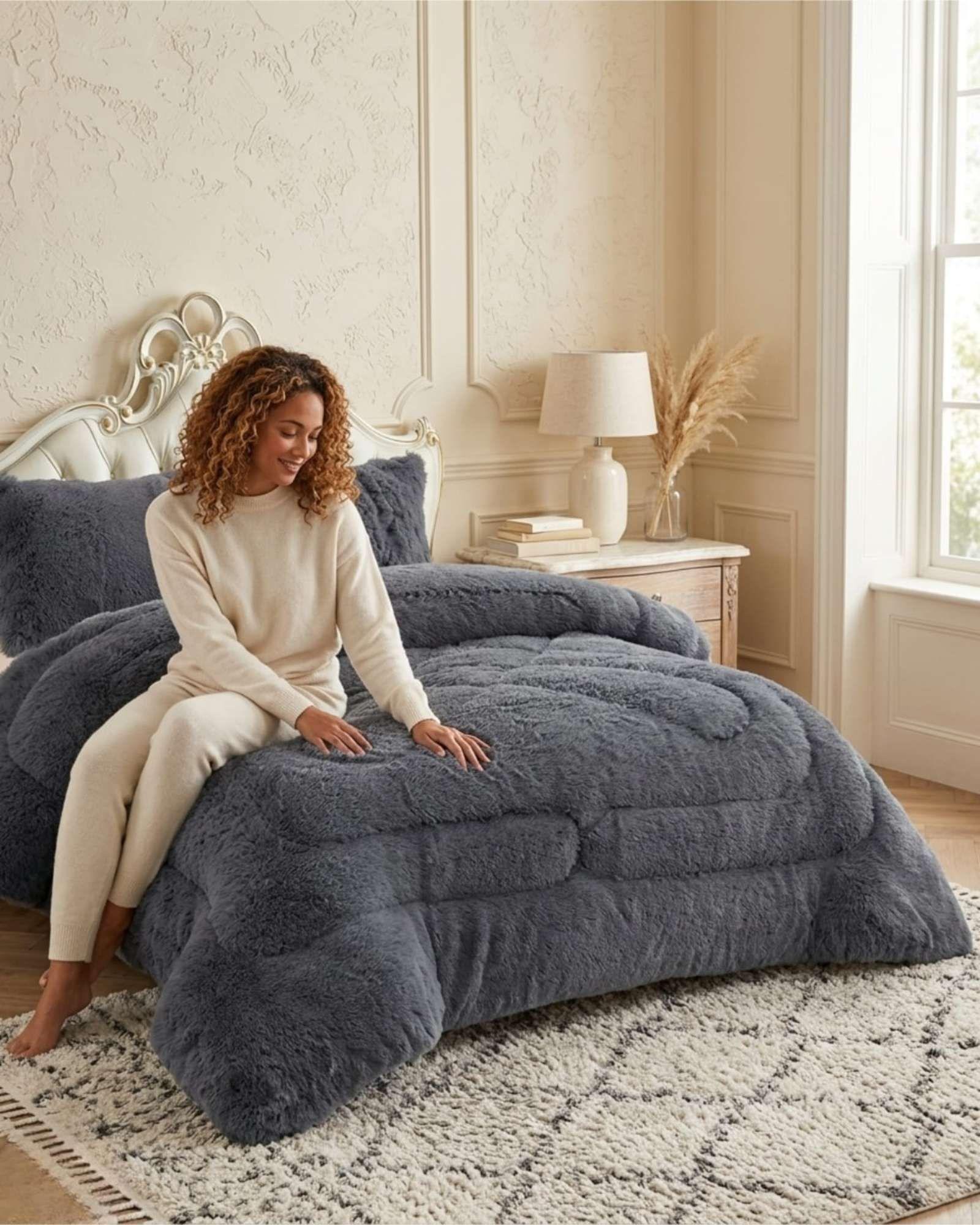 Plumón Pelo Largo 1,5 Plazas Acolchado Invierno + Fundas gris-4