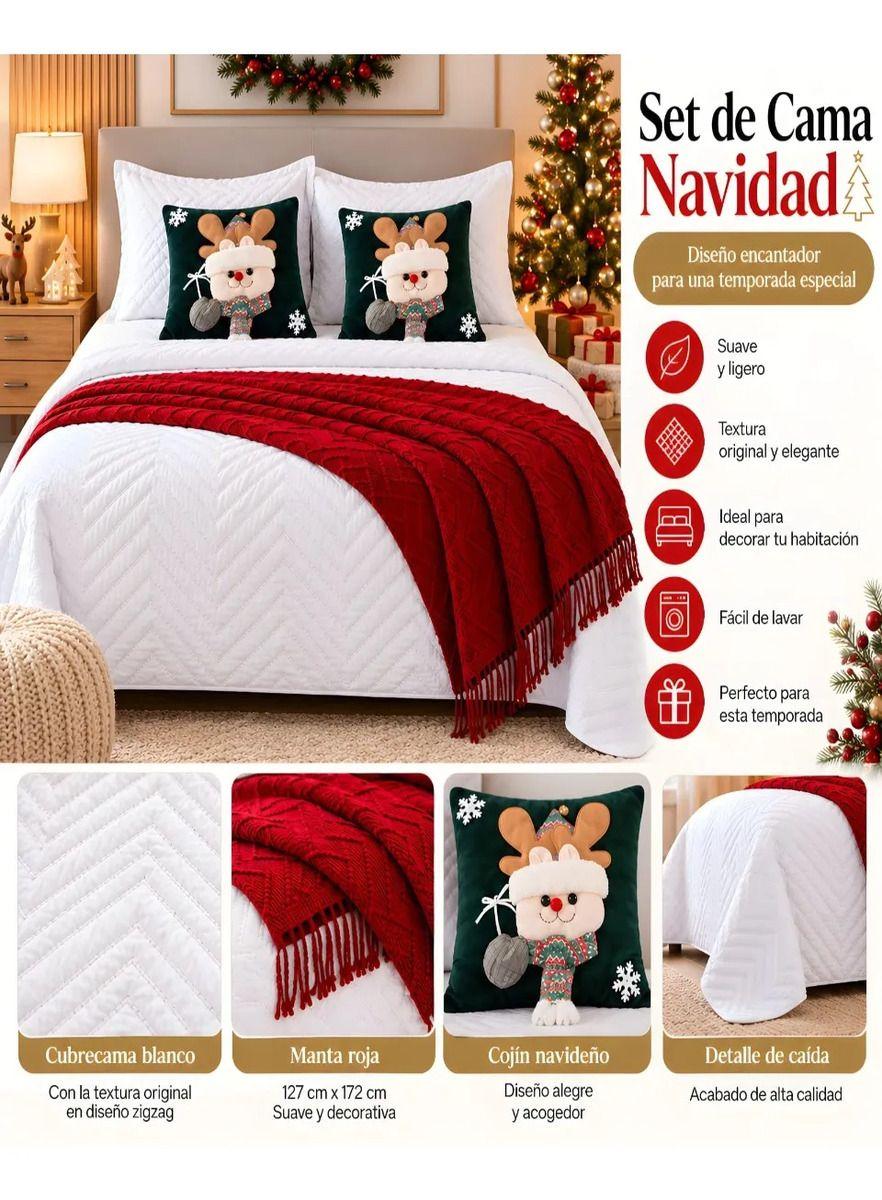 Cubrecamas Navideño Con Manta Y 2 Fundas De Cojin 2 Plazas m21-3