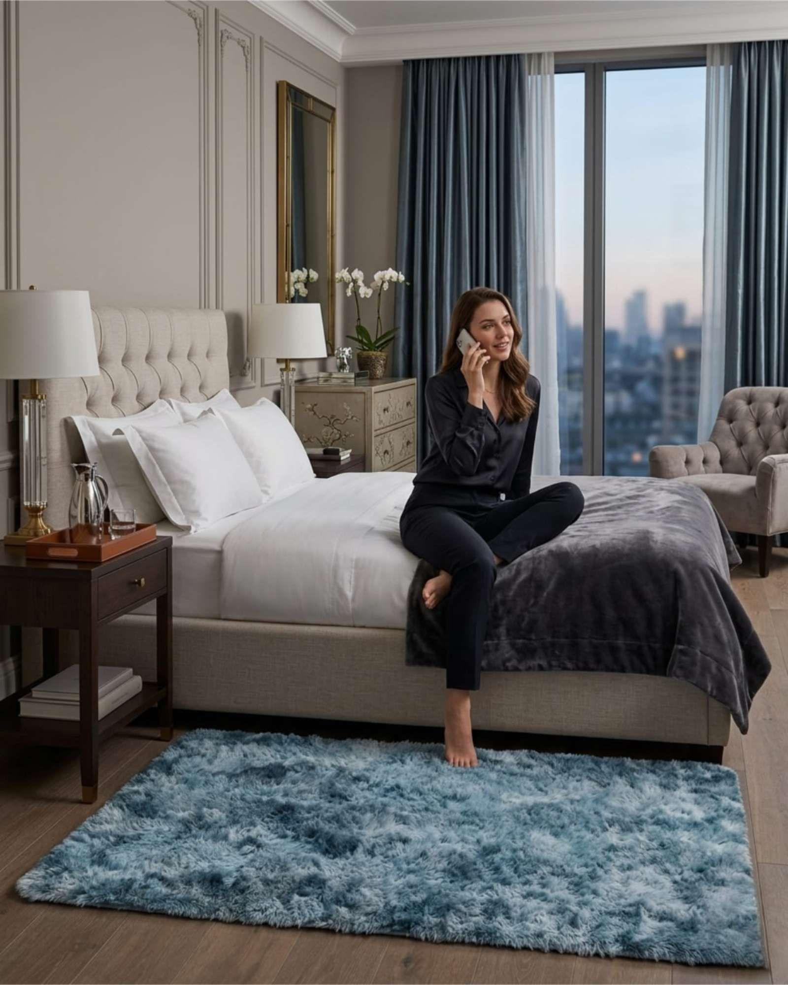 Alfombra Shaggy Peluda Extra Suave VERANO / INVIERNO 180 x 200 cm  Azul Jaspeado-3