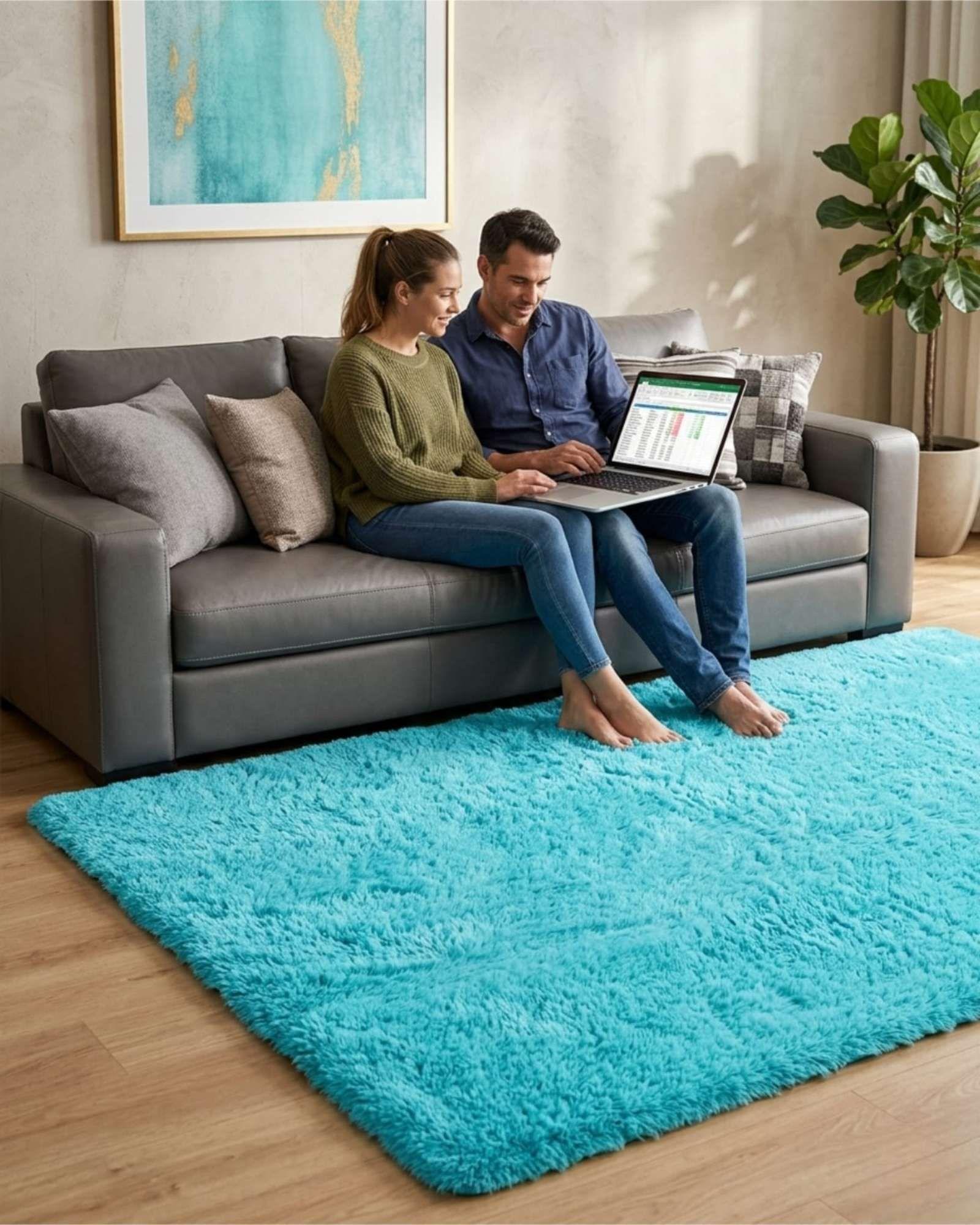 Alfombra Shaggy Peluda Extra Suave VERANO / INVIERNO 240 x 200 cm Celeste-3