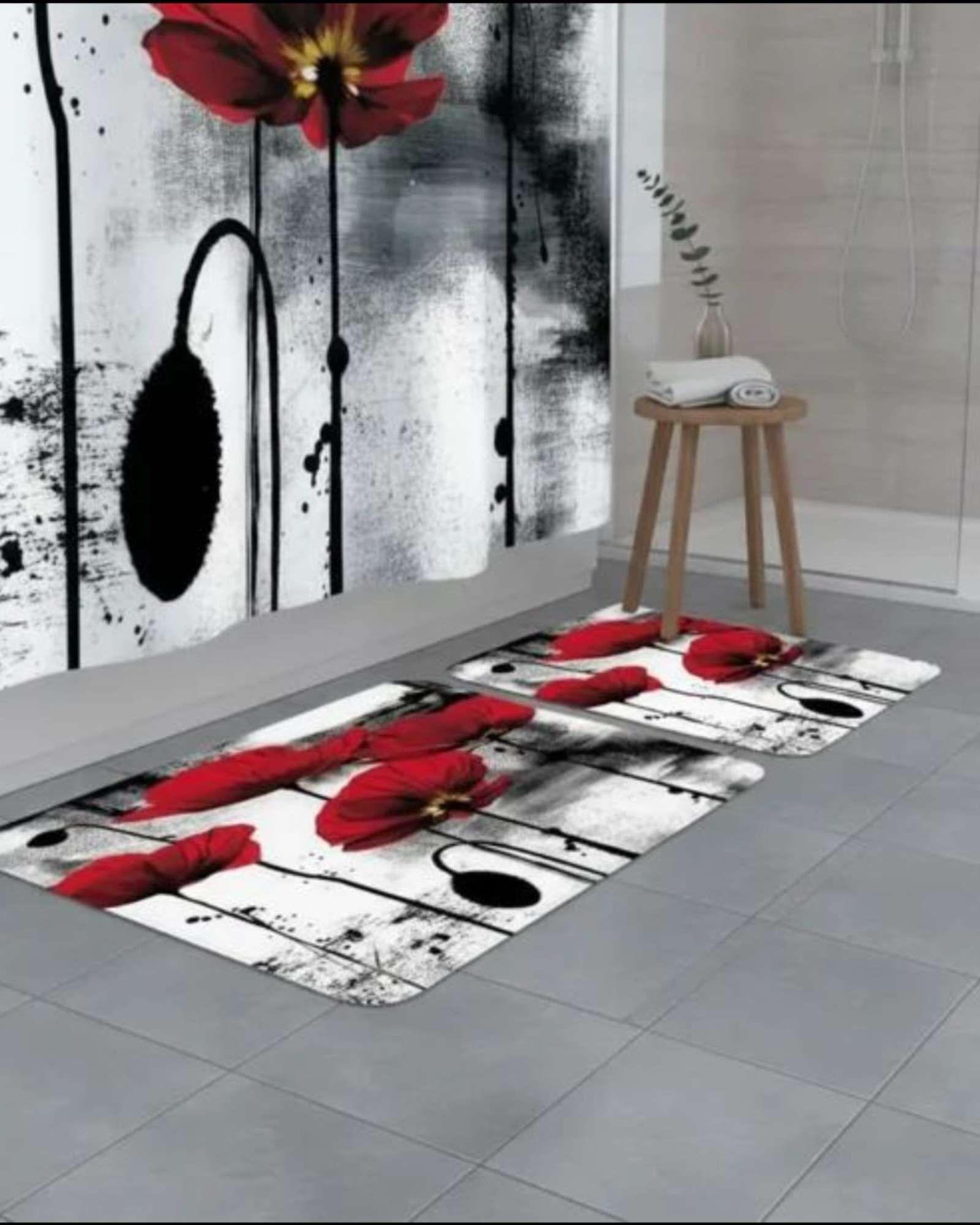 Set de baño 5 piezas Cortina mas Alfombras mas forro de ducha  -12-4