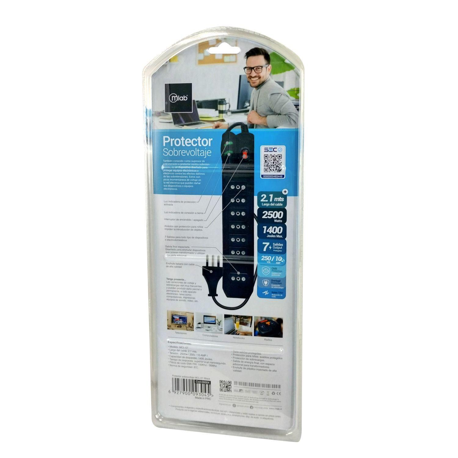 Alargador Con Protección Sobrevoltage 2,1 Mts Negro Mlab 9304-4