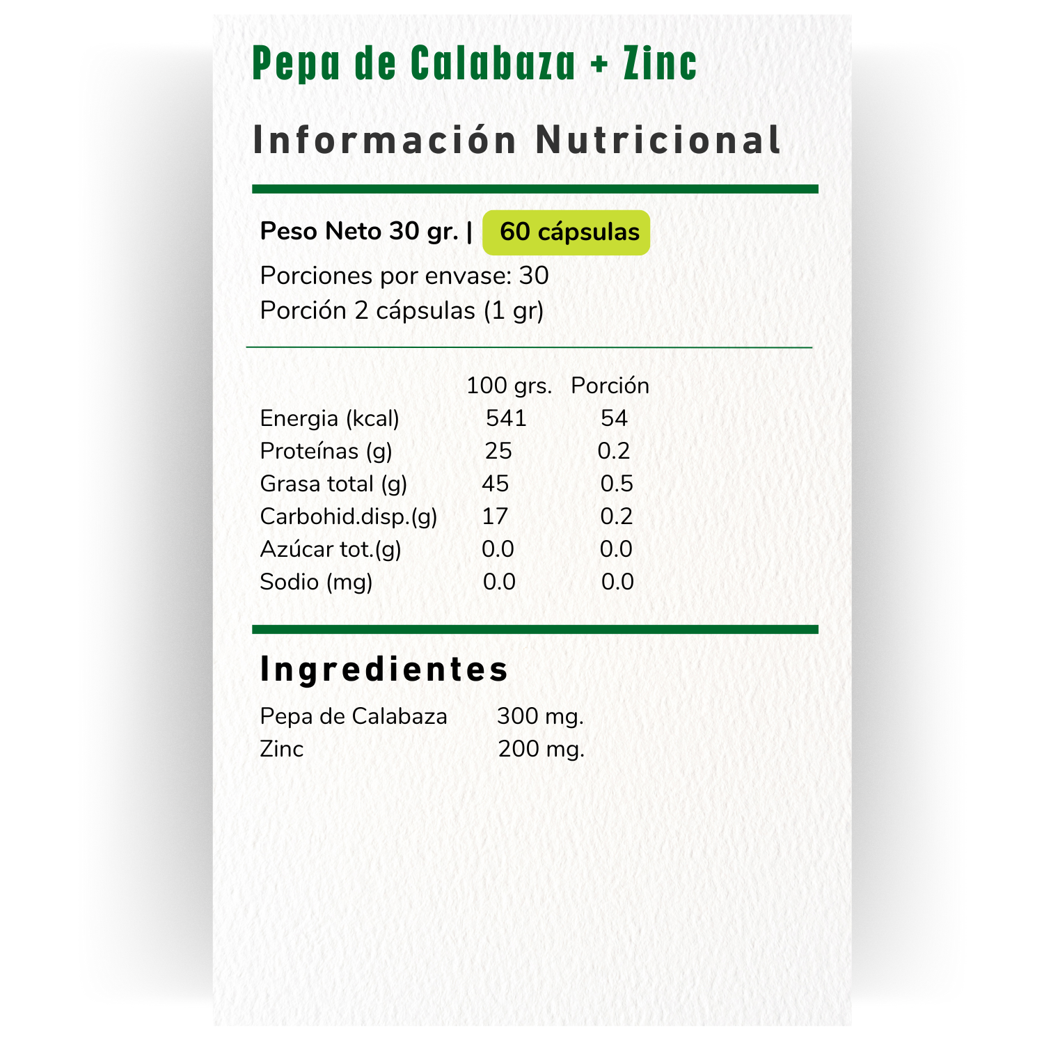 2 X PEPA DE CALABAZA CON ZINC 500MG 60 CAPSULAS VITAMINA GREEN-1