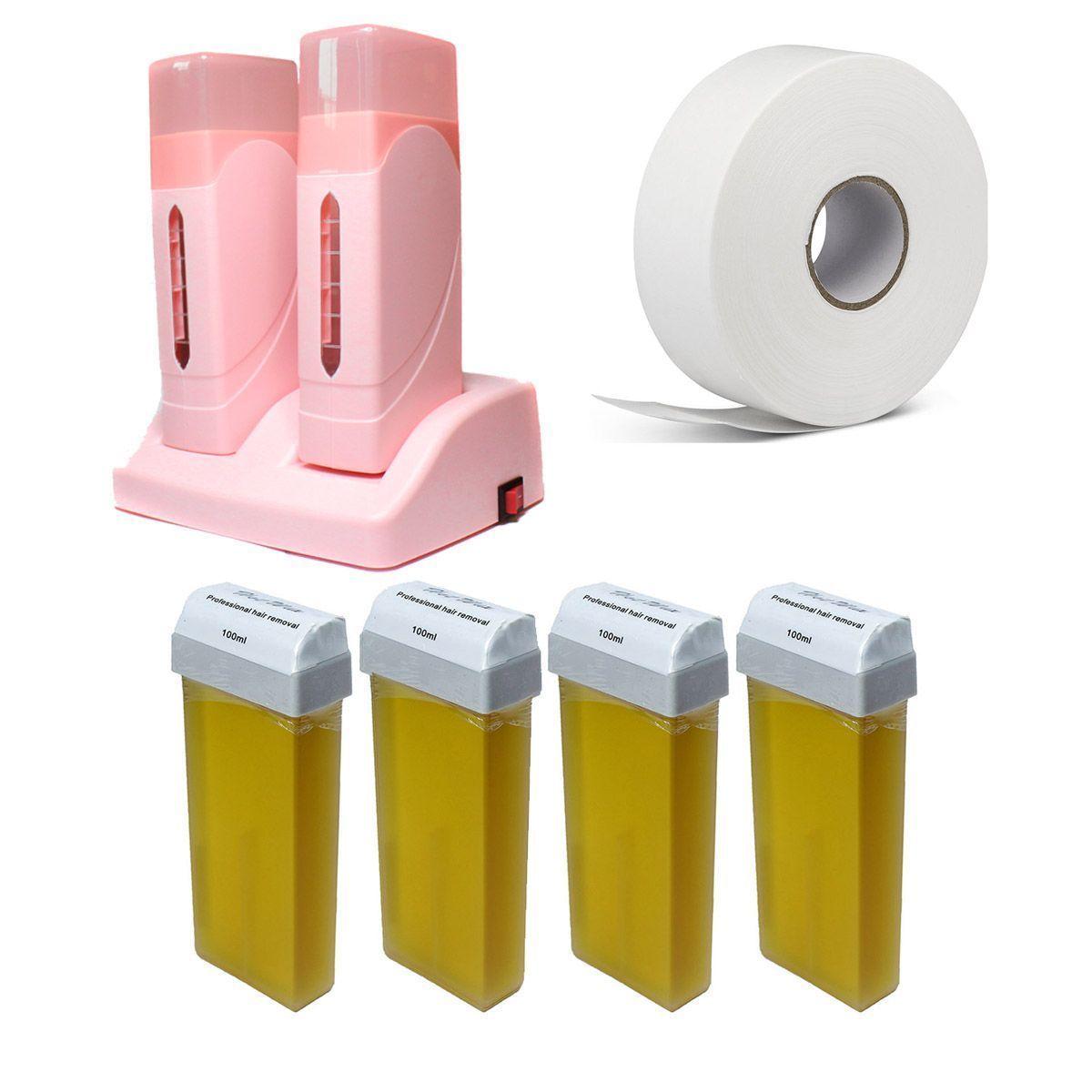Kit depilación roll on doble rosado + 4 ceras + rollo papelKit depilación roll on doble rosado + 4 -0