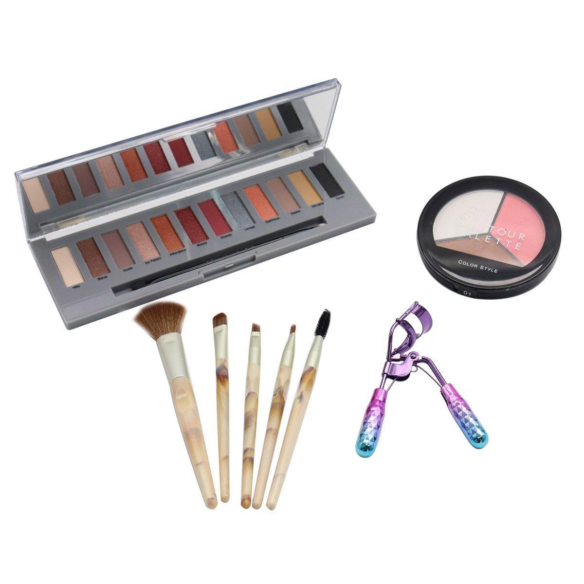 Kit sombras rubor iluminador brochas y encrespador pestañas Oscuro-0