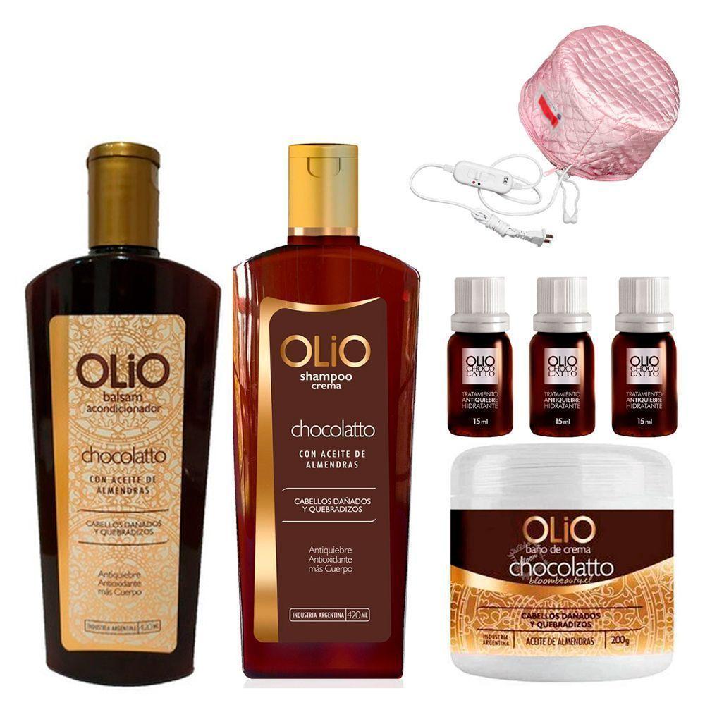 Shampoo acondicionador crema ampollas reparación chocolate Olio + gorro térmico-0