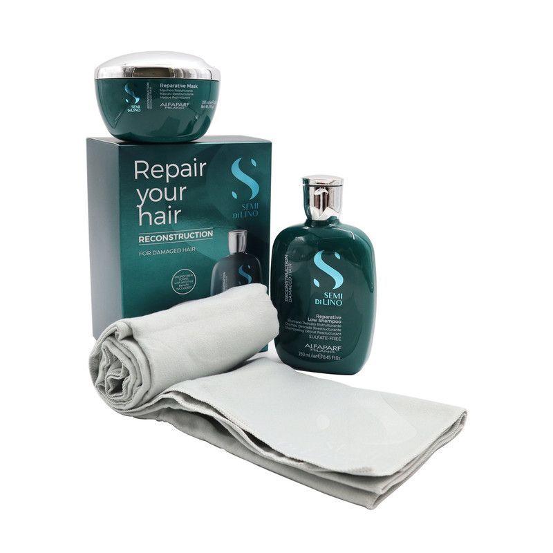 Kit pelo dañado reconstrucción shampoo mascara toalla Alfaparf-0