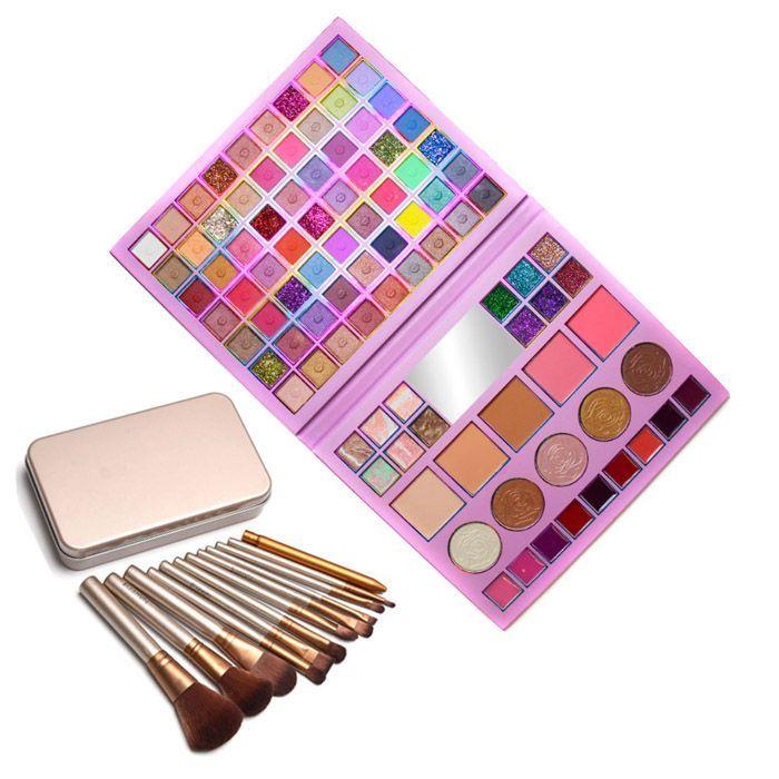Paleta Maquillaje Sombras Labiales Rubor + Brochas + Estuche-0