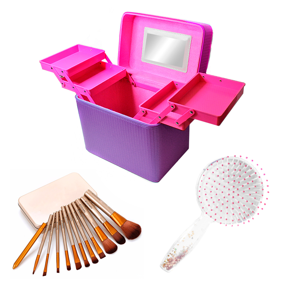Kit maleta cosmetiquero + 12 brochas + cepillo antifrizz CVL-1