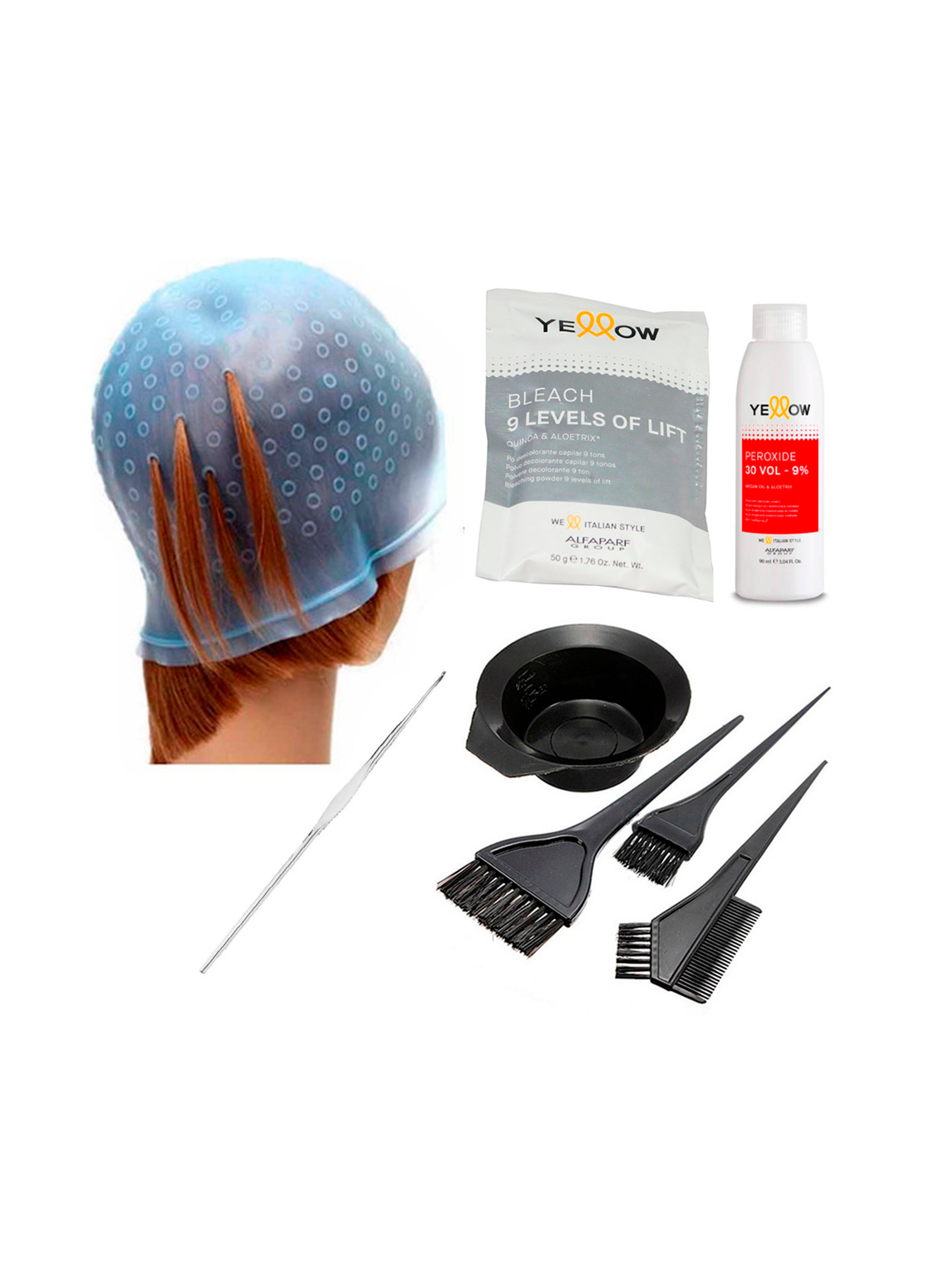 Polvo decolorante Alfaparf 9 tonos gorro viso y brochas CVL-1