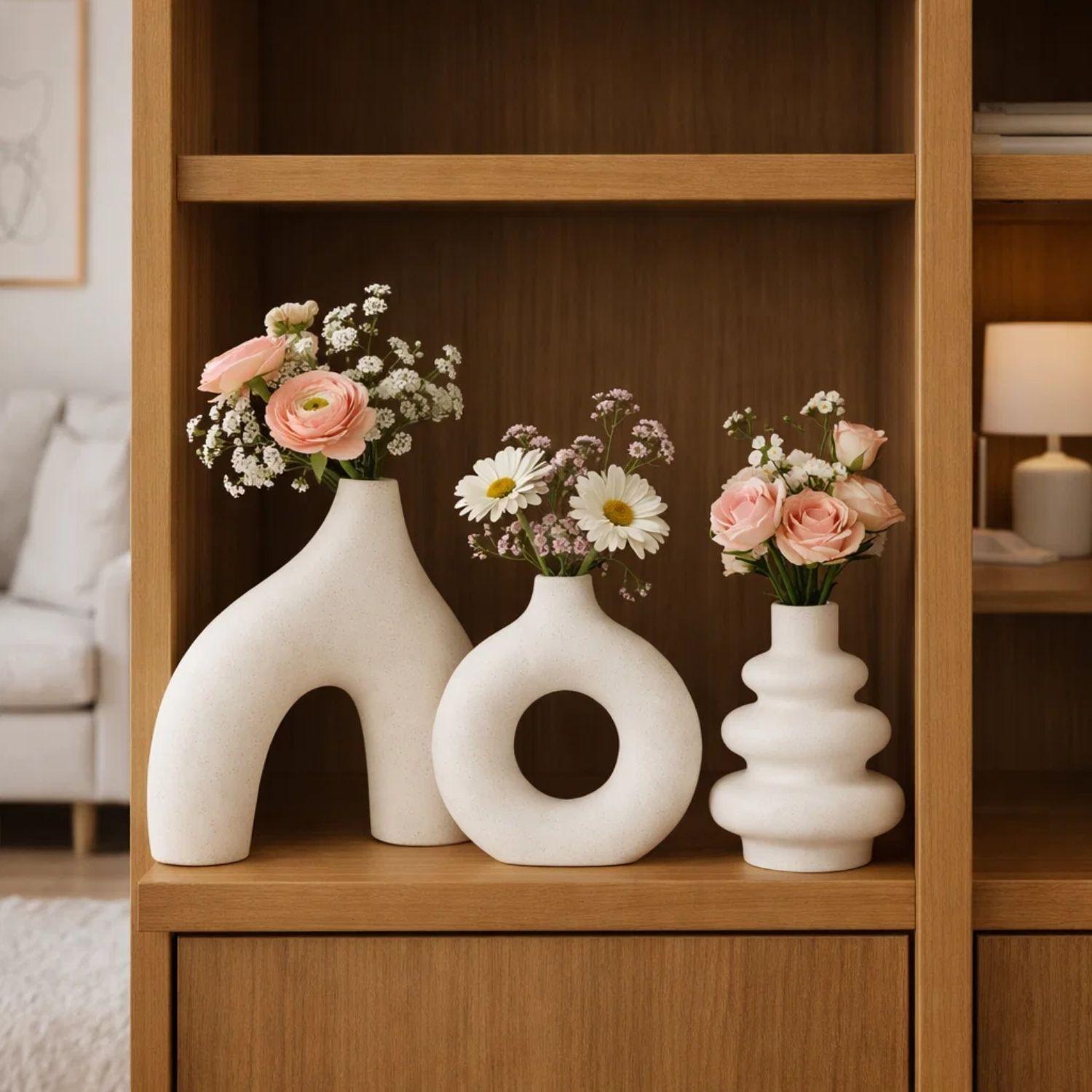 Juego de Jarrones de Cerámica Blanca de Tres Piezas -5