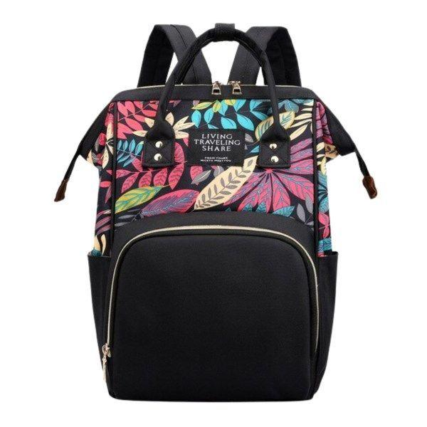 Mochila Maternal Con Bolsillo Delantero Estampado En Hojas-0