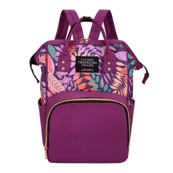 Mochila Maternal Con Bolsillo Delantero Estampado En Hojas-0