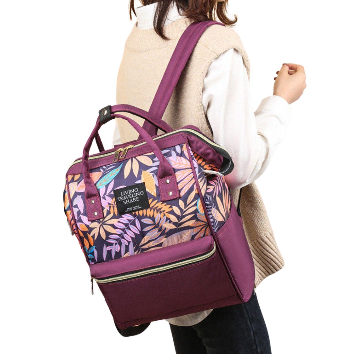 Mochila Maternal Con Bolsillo Delantero Estampado En Hojas-1