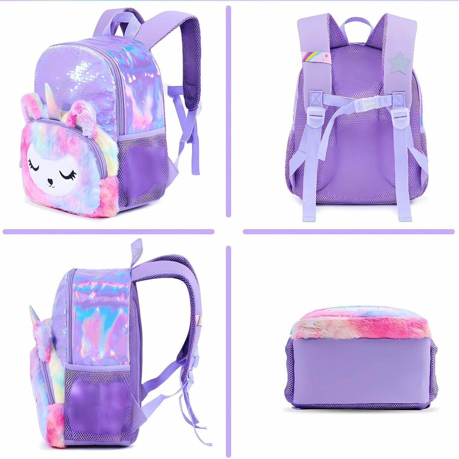 Mochila Escolar Unicornio Felpa Brillos Lentejuelas-2