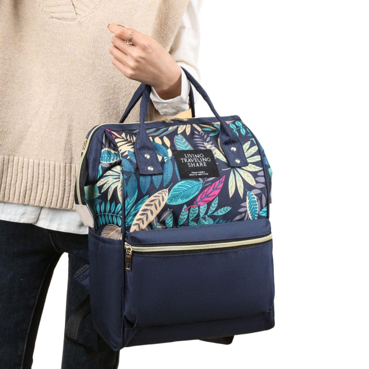 Mochila Maternal Con Bolsillo Delantero Estampado En Hojas-1