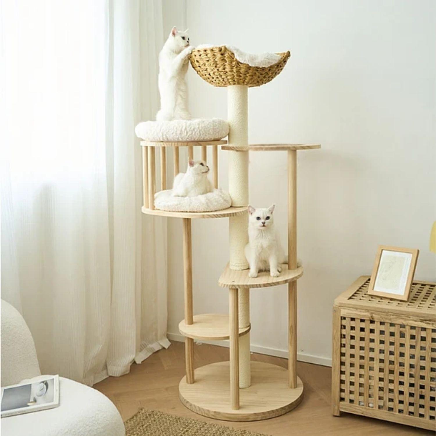 Rascador Para Gatos Tipo Torre Con Casa Elegante Beige-3